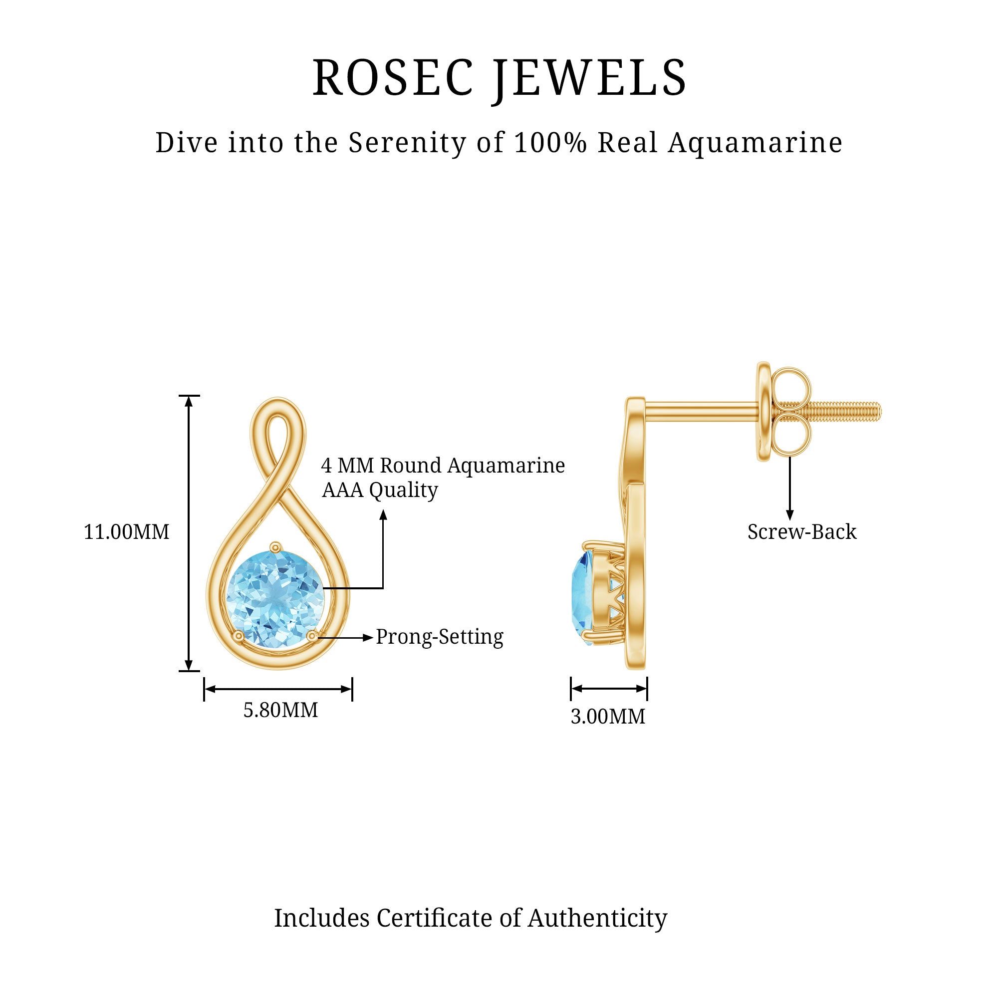 Genuine 0.5 Carat Aquamarine Infinity Stud Earrings AAA - Rosec Jewels