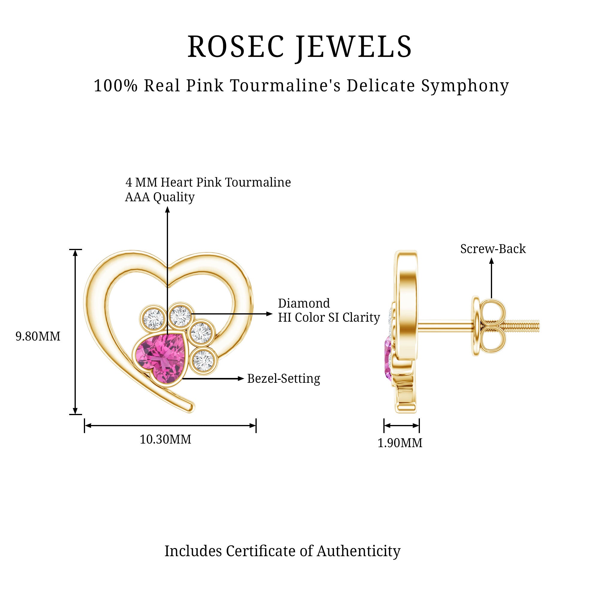 Heart Shape Pink Tourmaline and Diamond Dog Paw Stud Earrings AAA - Rosec Jewels