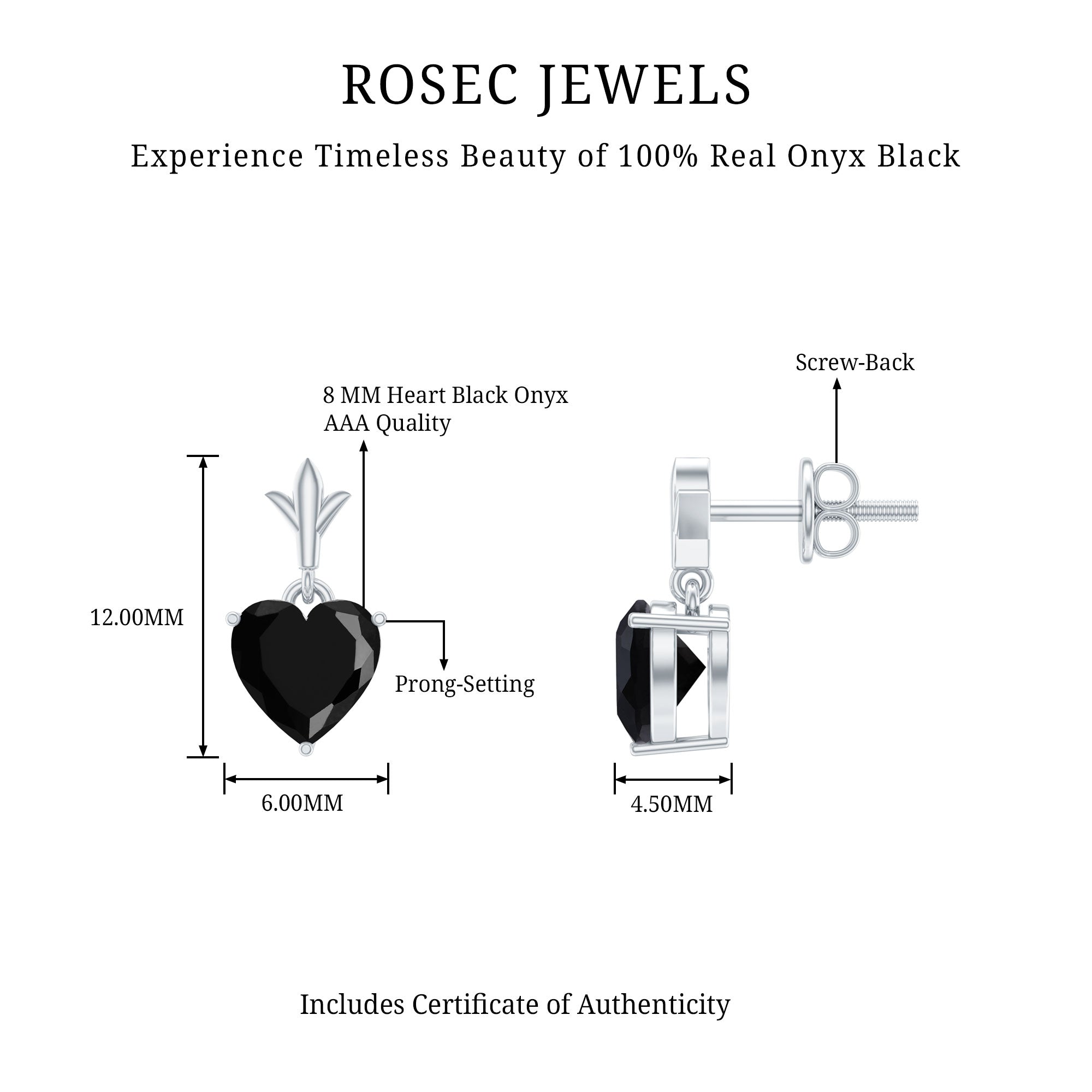 4 Carat Solitaire Black Onyx Heart Drop Earrings AAA - Rosec Jewels