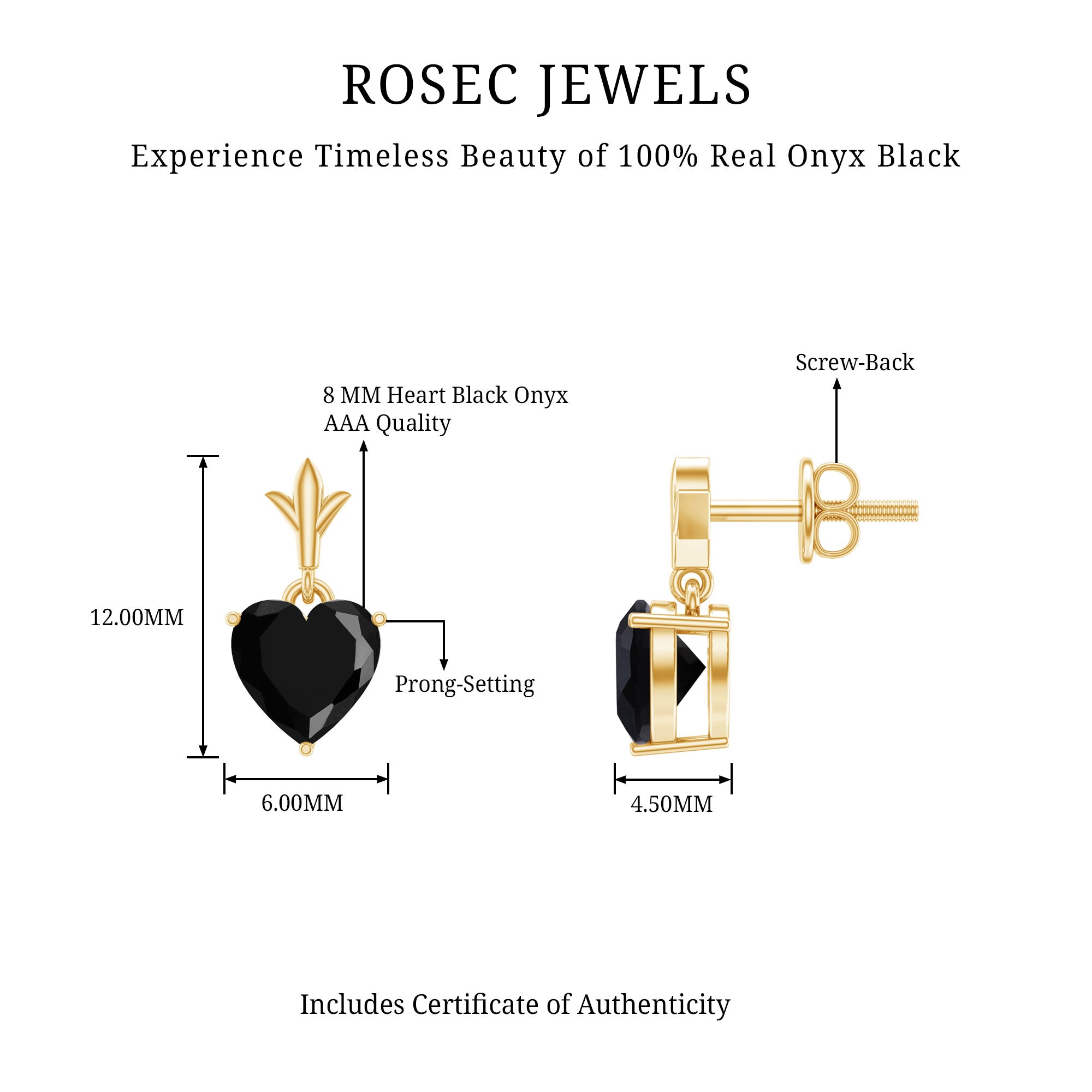 4 Carat Solitaire Black Onyx Heart Drop Earrings AAA - Rosec Jewels