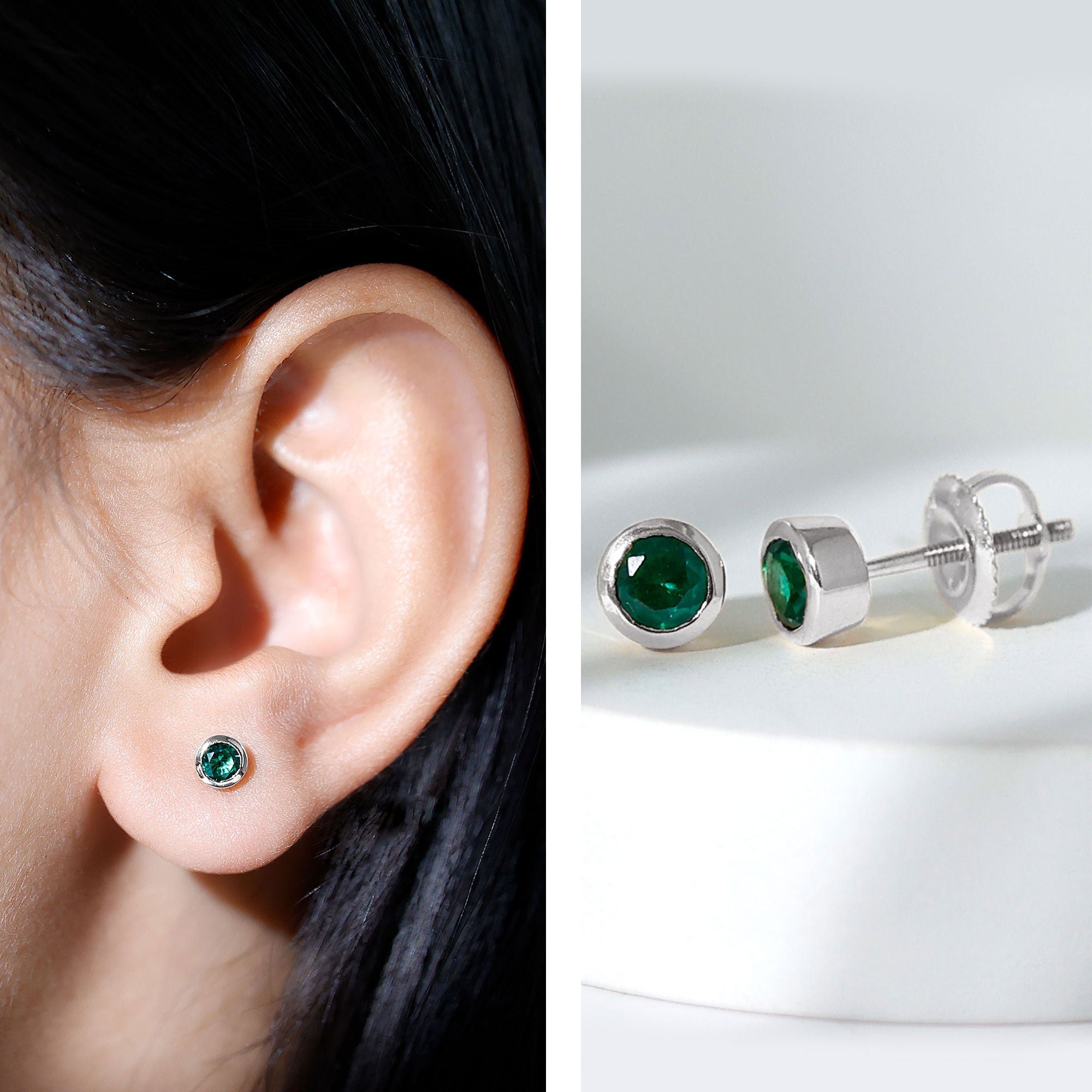 Certified Lab Created Emerald Stud Earrings in Bezel Setting AAAA - Rosec Jewels