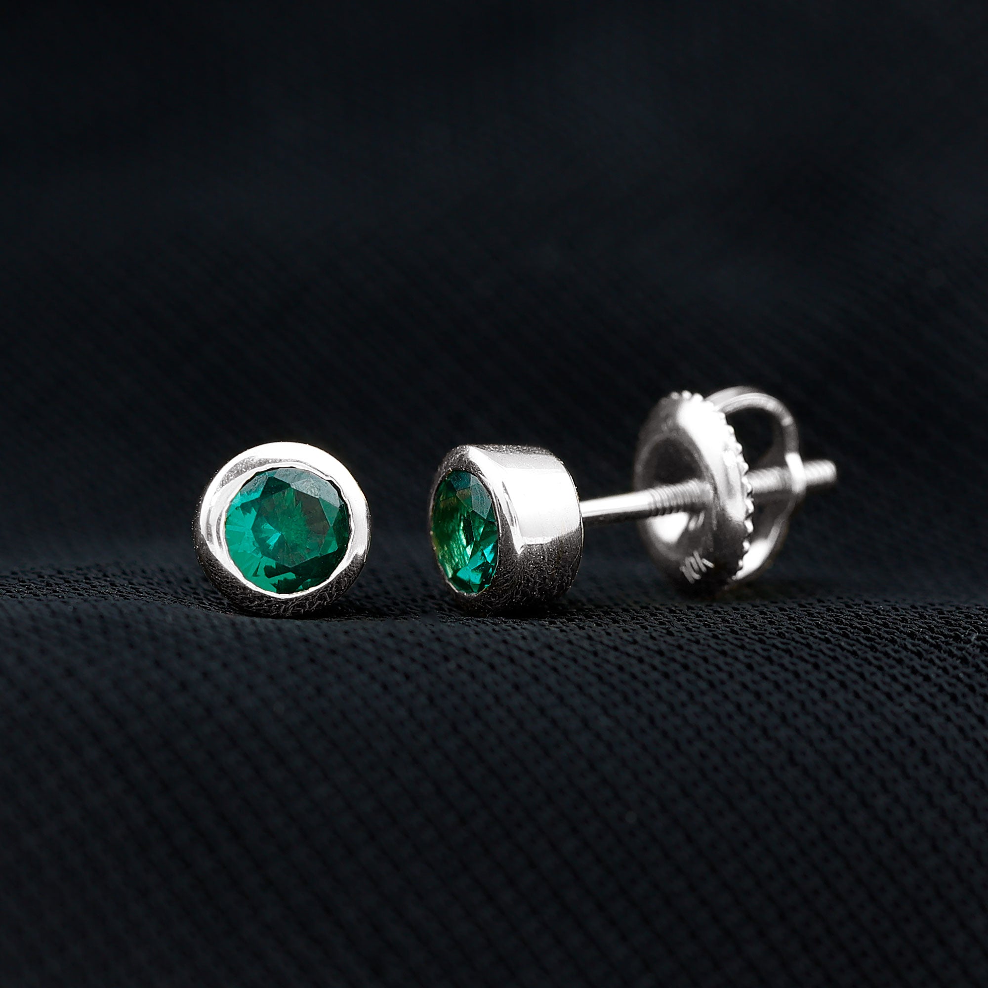Certified Lab Created Emerald Stud Earrings in Bezel Setting AAAA - Rosec Jewels