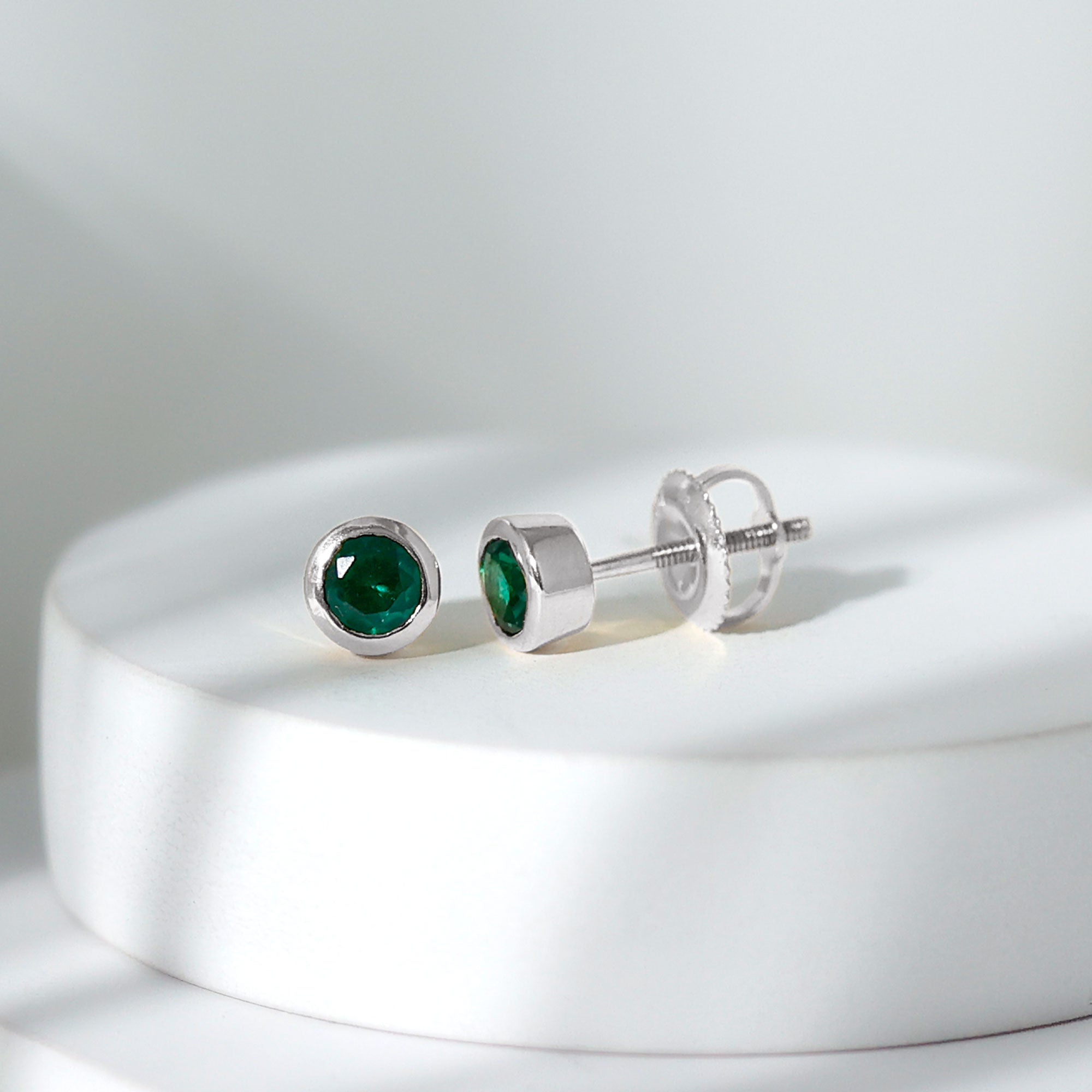 Certified Lab Created Emerald Stud Earrings in Bezel Setting AAAA - Rosec Jewels