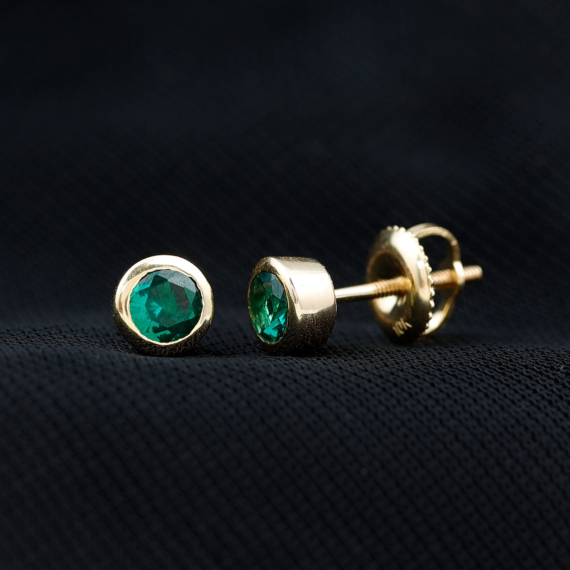 Certified Lab Created Emerald Stud Earrings in Bezel Setting AAAA - Rosec Jewels