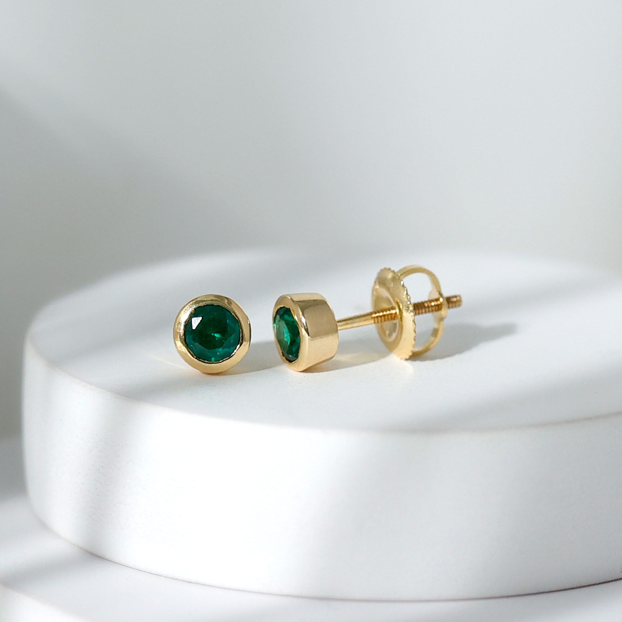Certified Lab Created Emerald Stud Earrings in Bezel Setting AAAA - Rosec Jewels