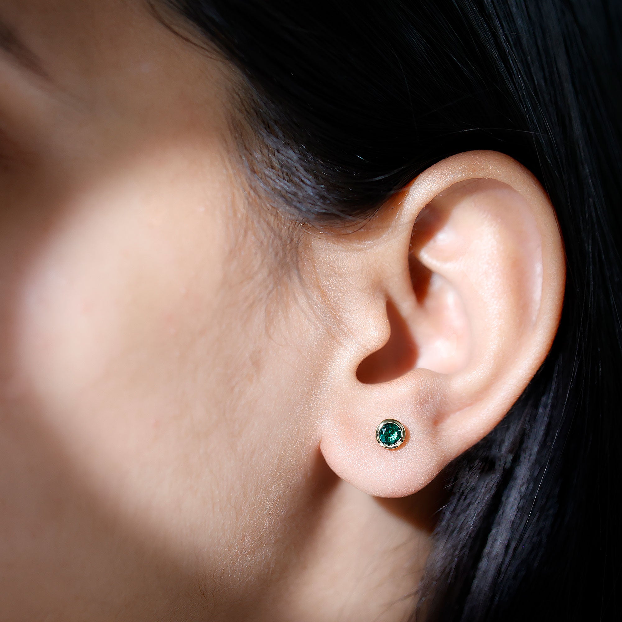 Certified Lab Created Emerald Stud Earrings in Bezel Setting AAAA - Rosec Jewels