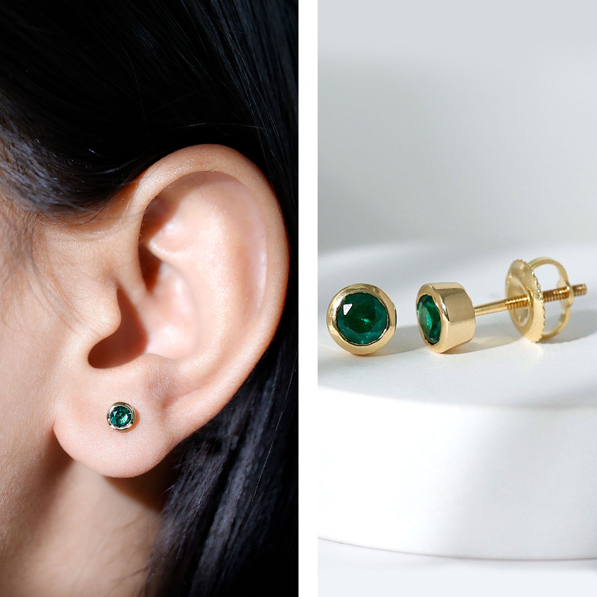 Certified Lab Created Emerald Stud Earrings in Bezel Setting AAAA - Rosec Jewels