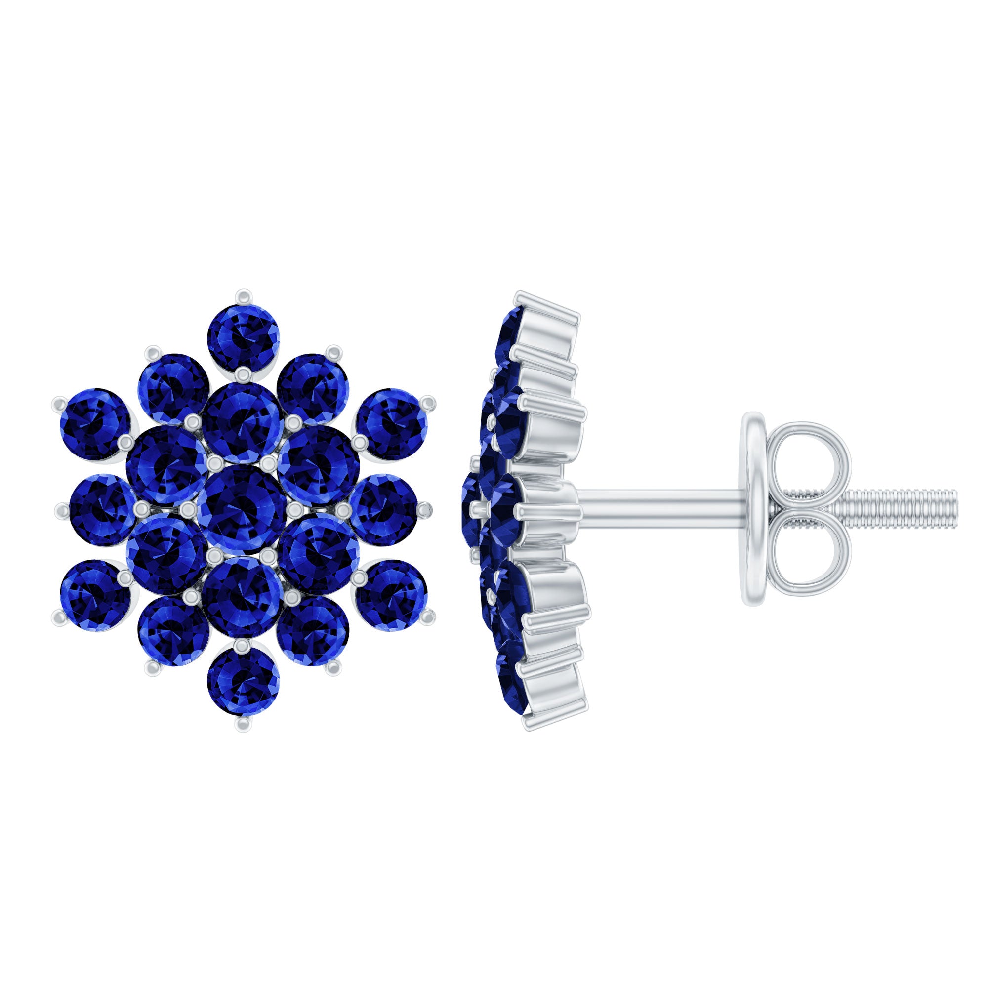 Flower Inspired Lab Grown Blue Sapphire Cluster Stud Earrings AAAA - Rosec Jewels