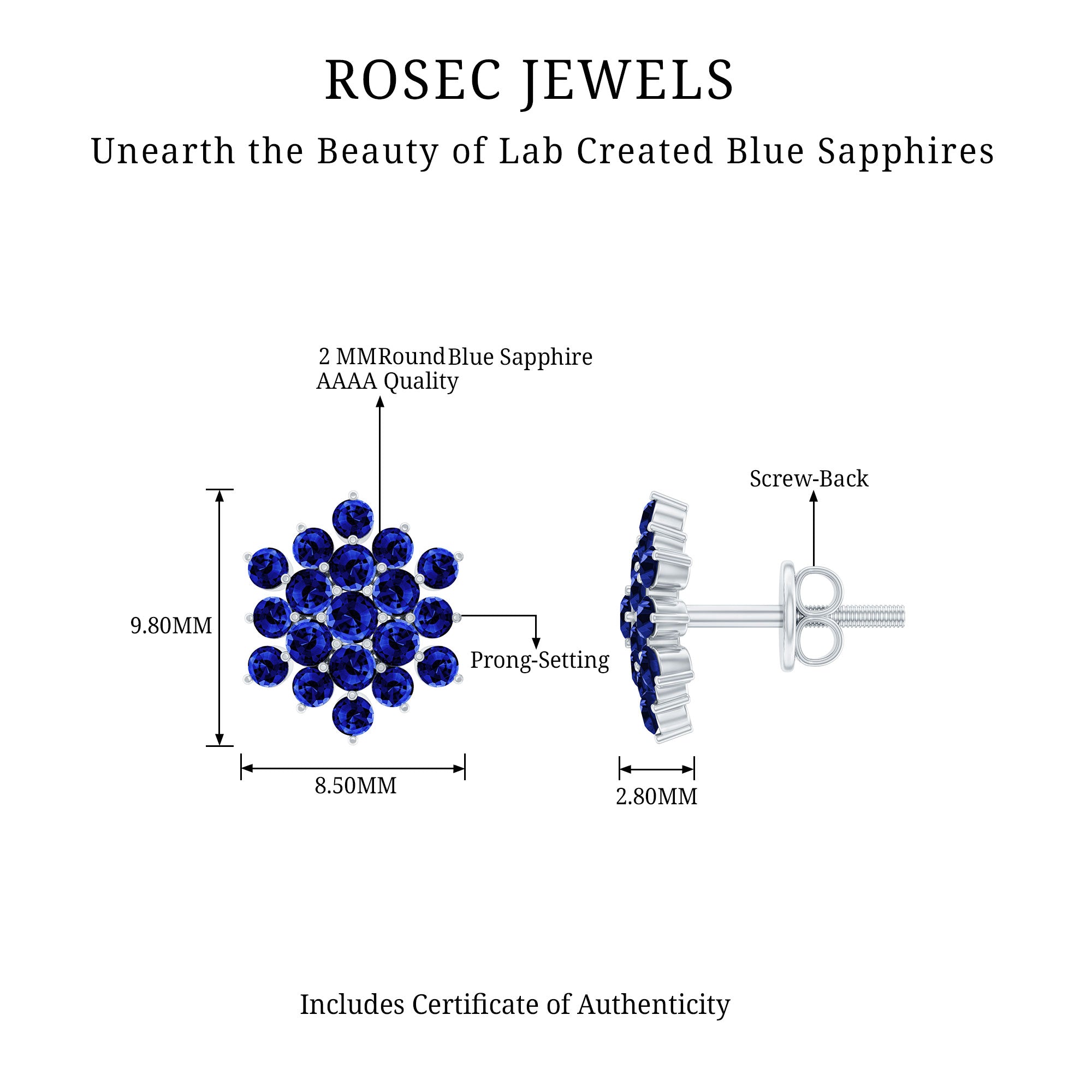 Flower Inspired Lab Grown Blue Sapphire Cluster Stud Earrings AAAA - Rosec Jewels