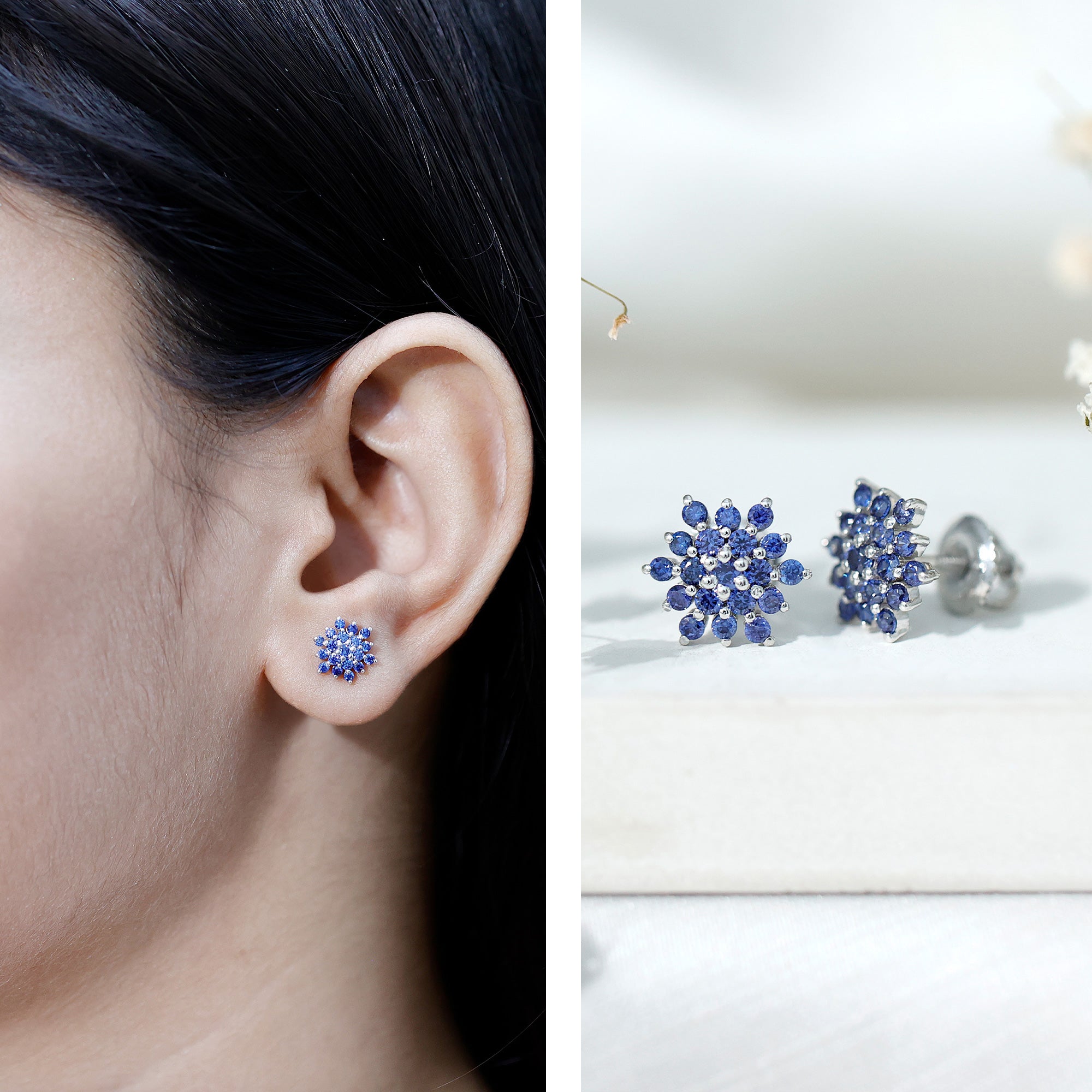 Flower Inspired Lab Grown Blue Sapphire Cluster Stud Earrings AAAA - Rosec Jewels