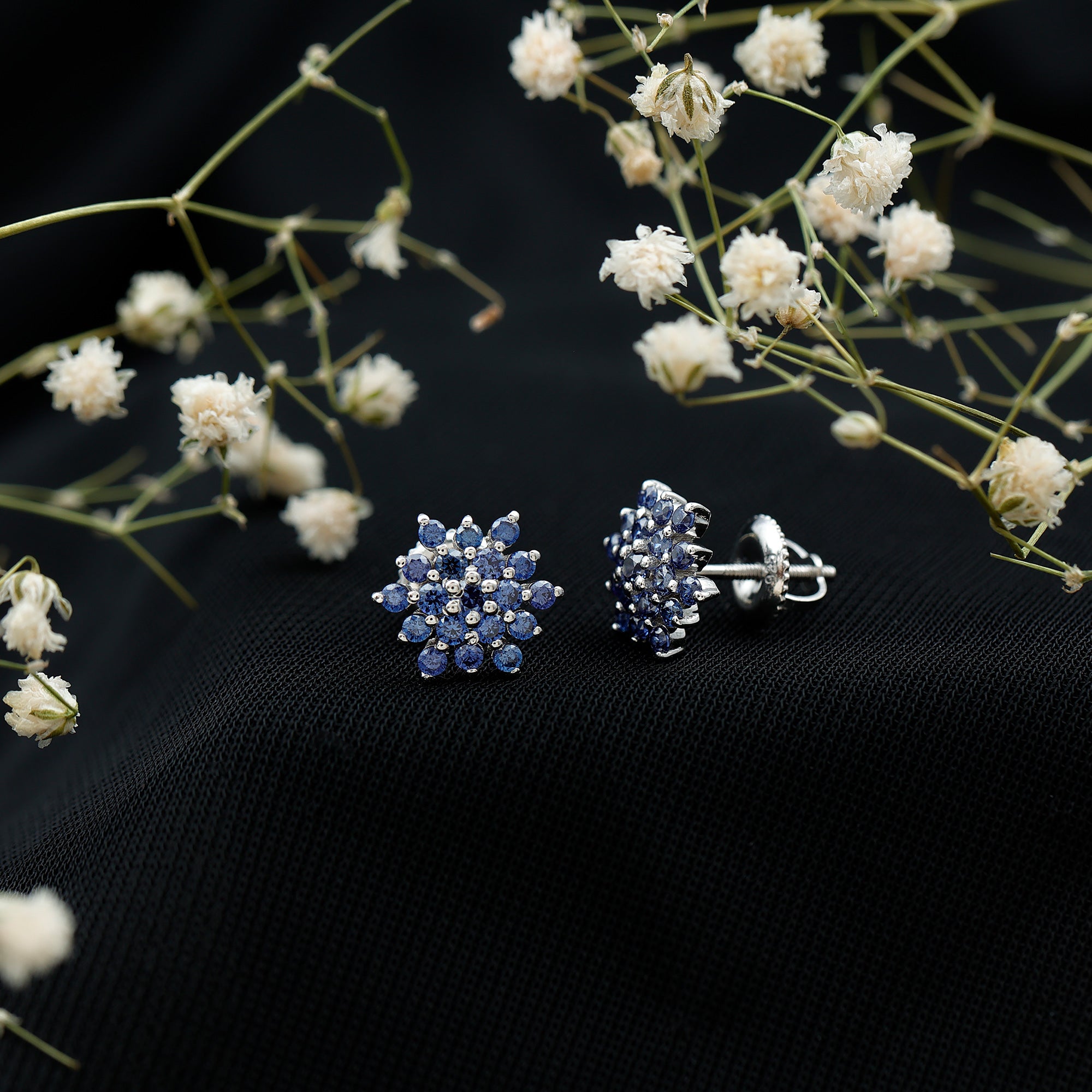 Flower Inspired Lab Grown Blue Sapphire Cluster Stud Earrings AAAA - Rosec Jewels