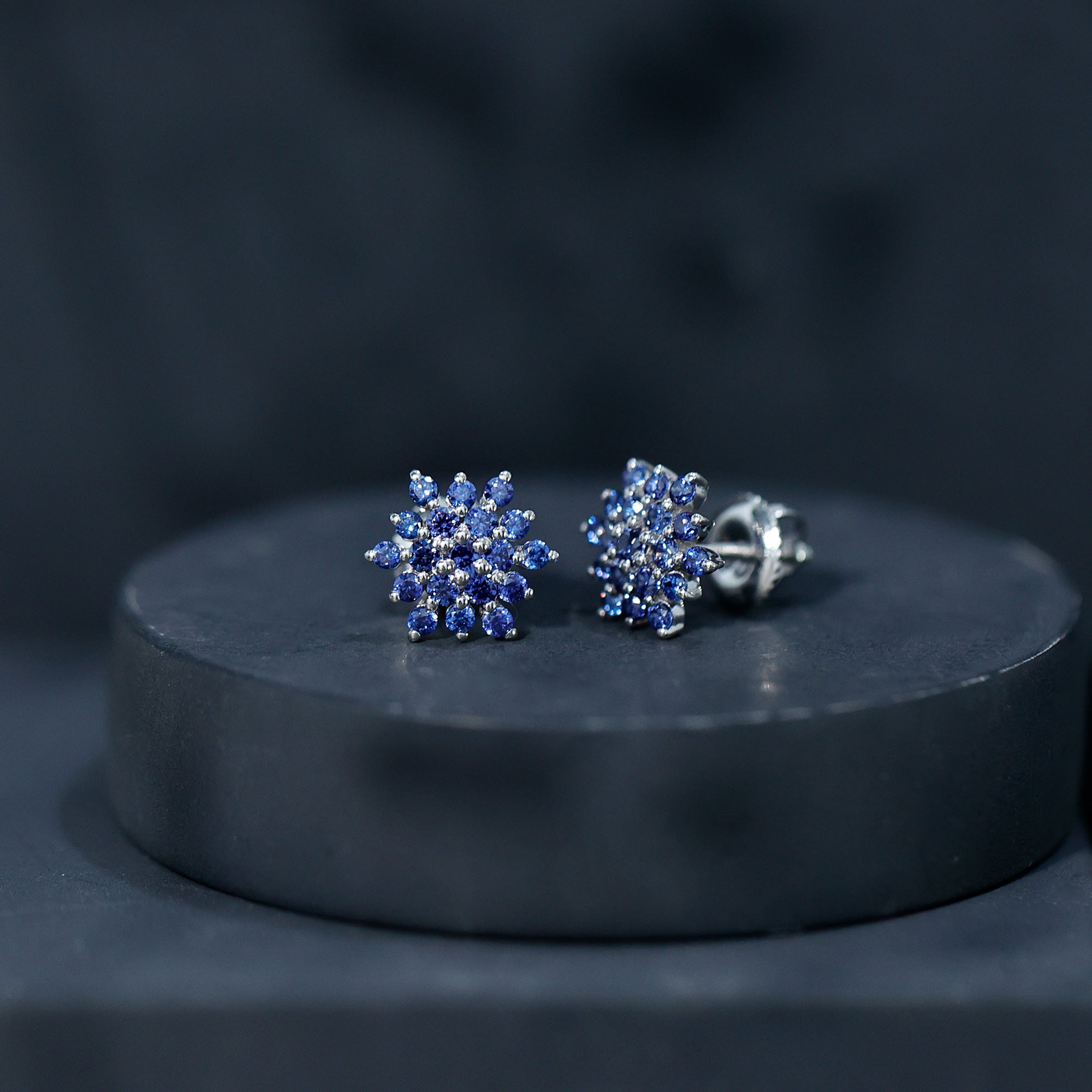 Flower Inspired Lab Grown Blue Sapphire Cluster Stud Earrings AAAA - Rosec Jewels