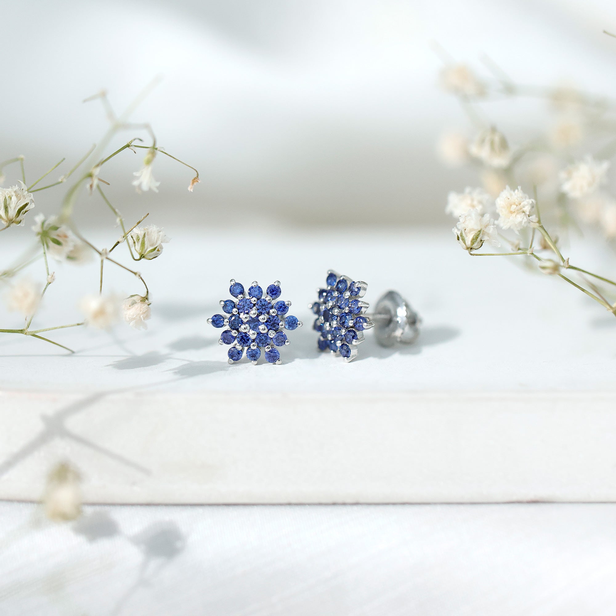 Flower Inspired Lab Grown Blue Sapphire Cluster Stud Earrings AAAA - Rosec Jewels