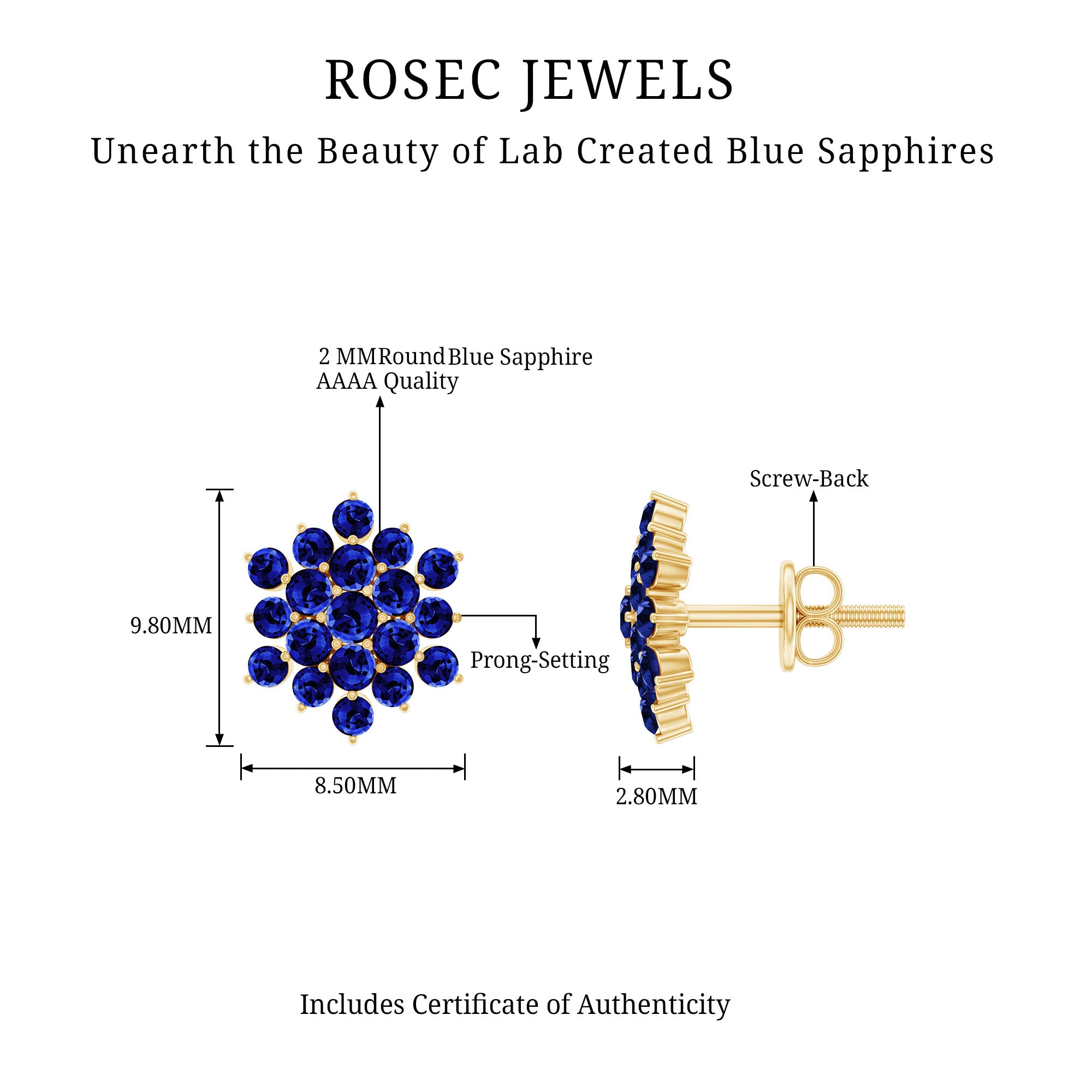 Flower Inspired Lab Grown Blue Sapphire Cluster Stud Earrings AAAA - Rosec Jewels