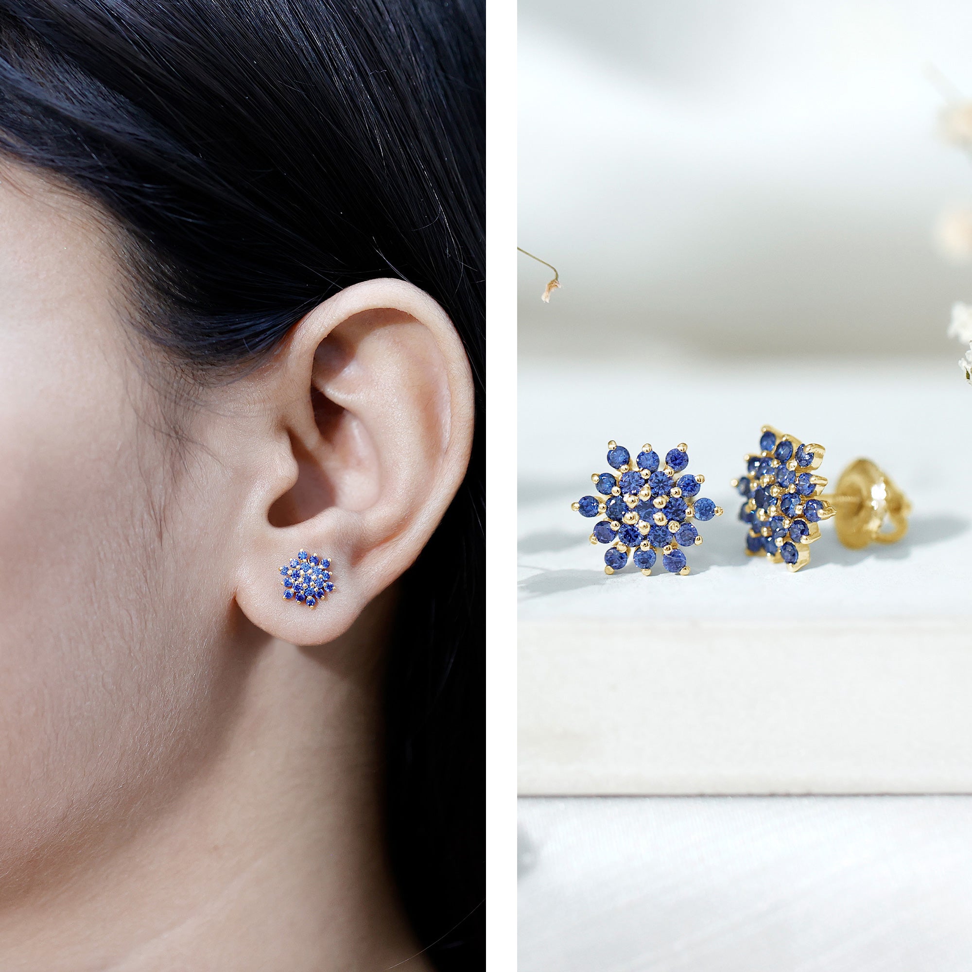 Flower Inspired Lab Grown Blue Sapphire Cluster Stud Earrings AAAA - Rosec Jewels