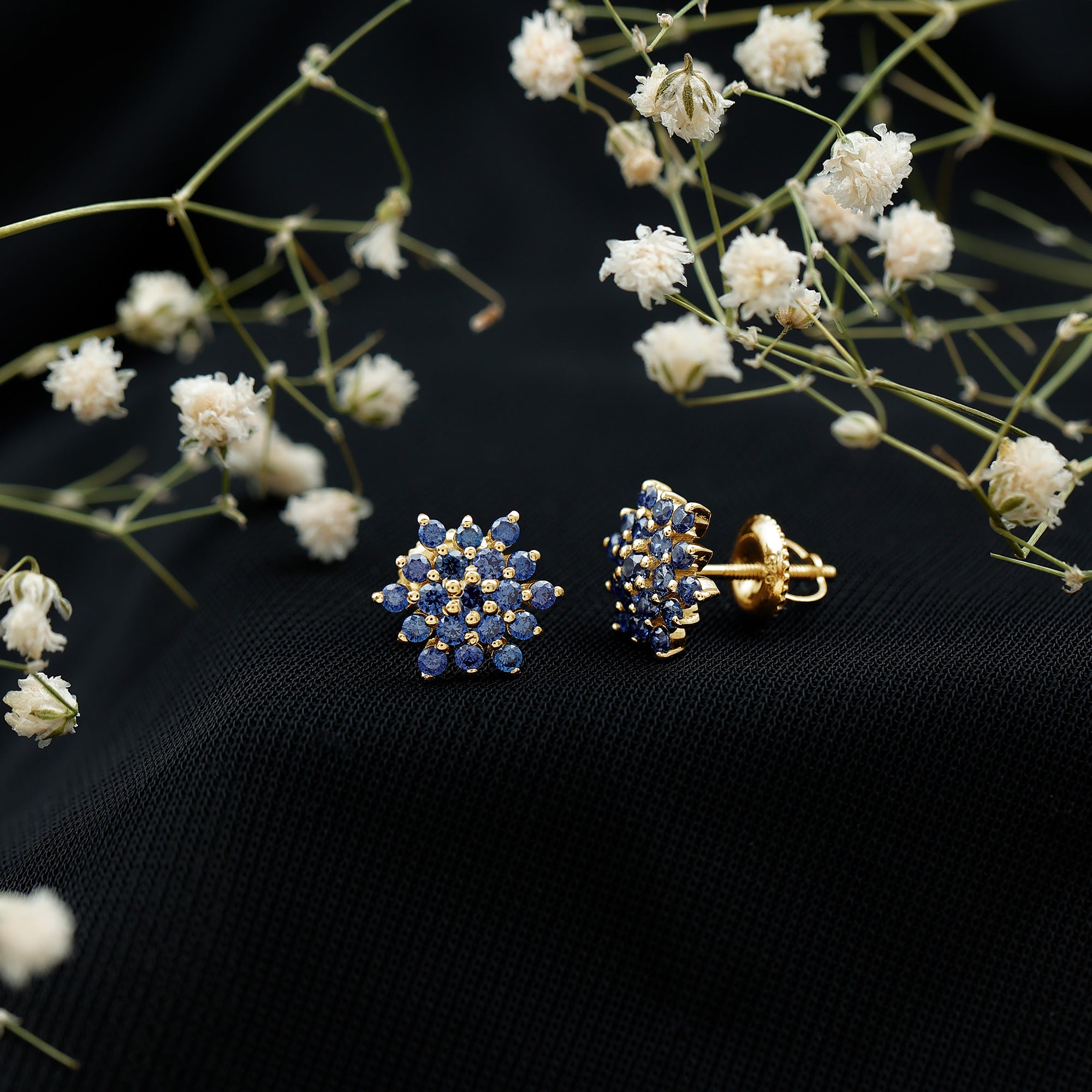 Flower Inspired Lab Grown Blue Sapphire Cluster Stud Earrings AAAA - Rosec Jewels
