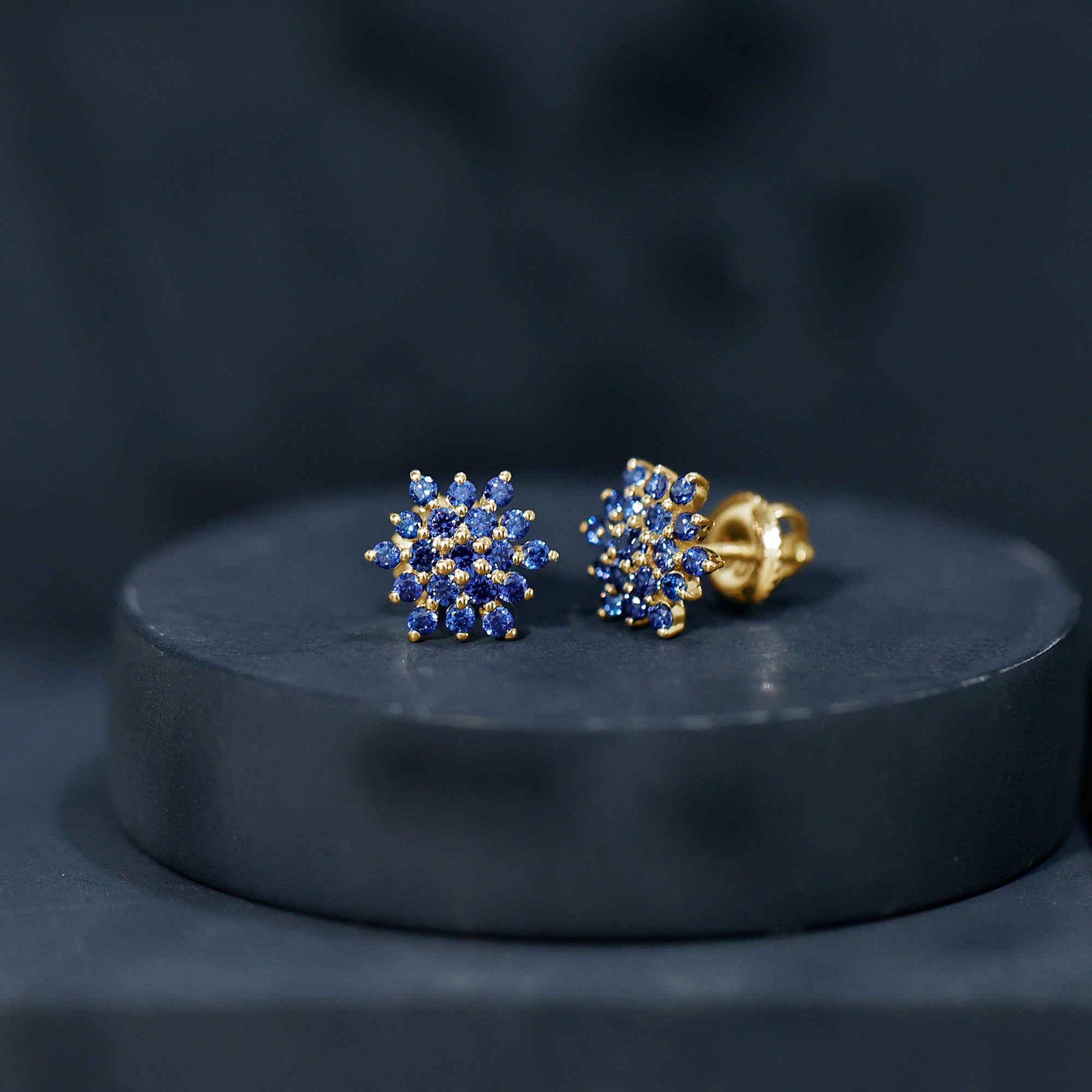 Flower Inspired Lab Grown Blue Sapphire Cluster Stud Earrings AAAA - Rosec Jewels