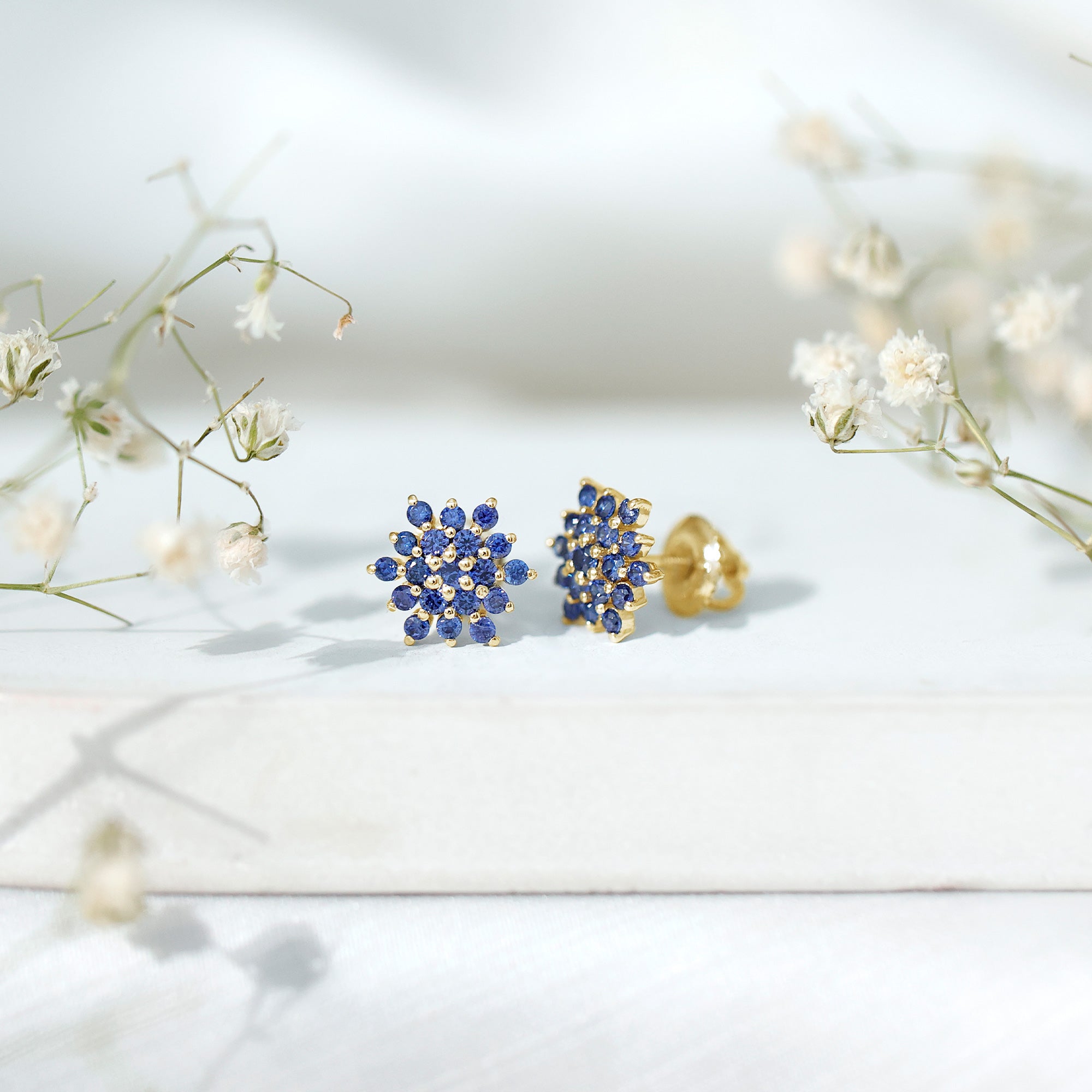 Flower Inspired Lab Grown Blue Sapphire Cluster Stud Earrings AAAA - Rosec Jewels