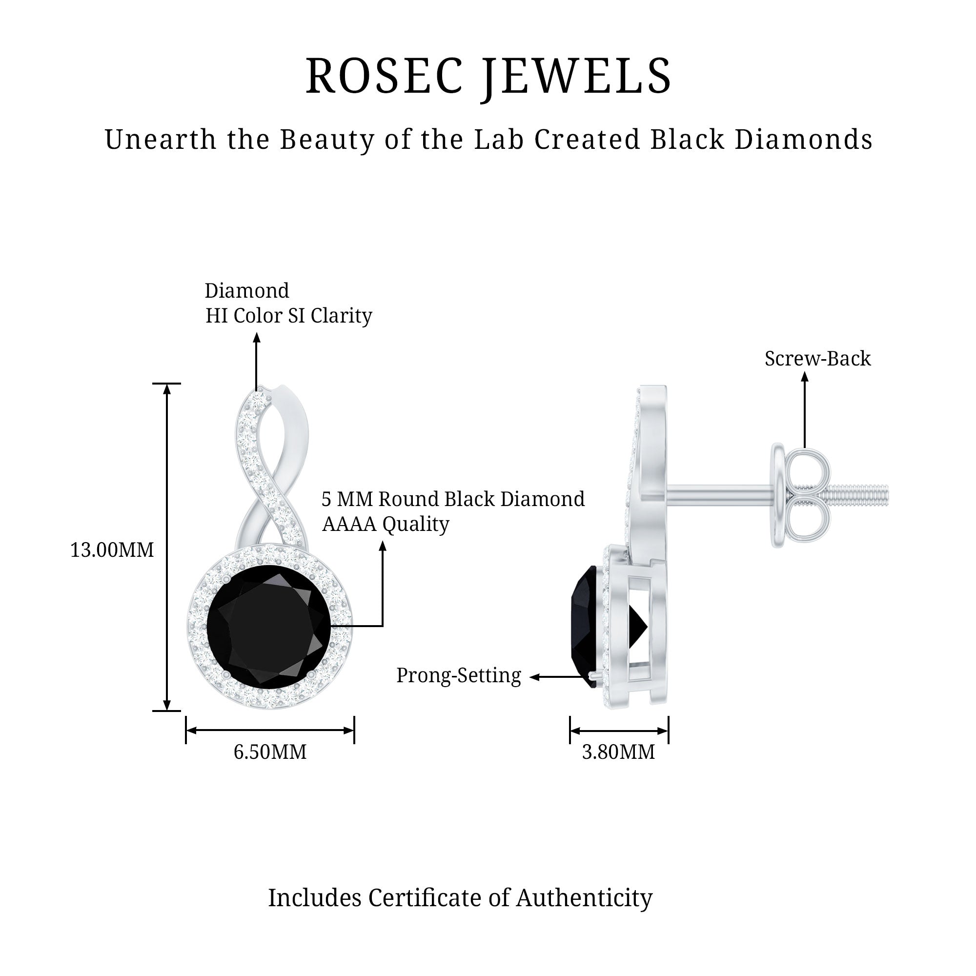 2 Carat Lab Grown Black and White Diamond Infinity Stud Earrings AAAA ( Synthetic ) - Rosec Jewels