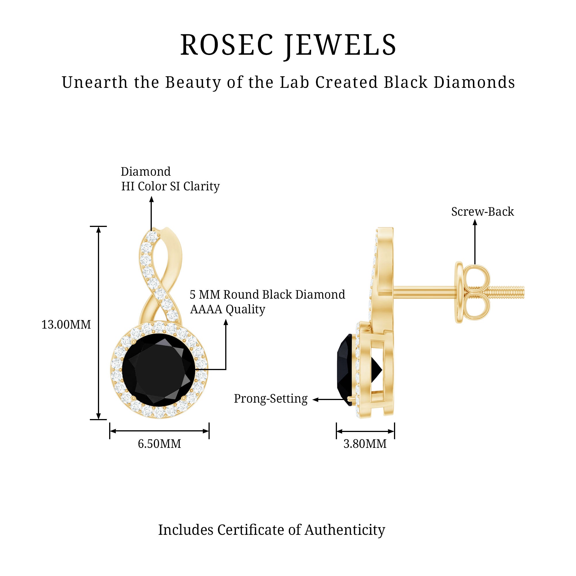2 Carat Lab Grown Black and White Diamond Infinity Stud Earrings AAAA ( Synthetic ) - Rosec Jewels
