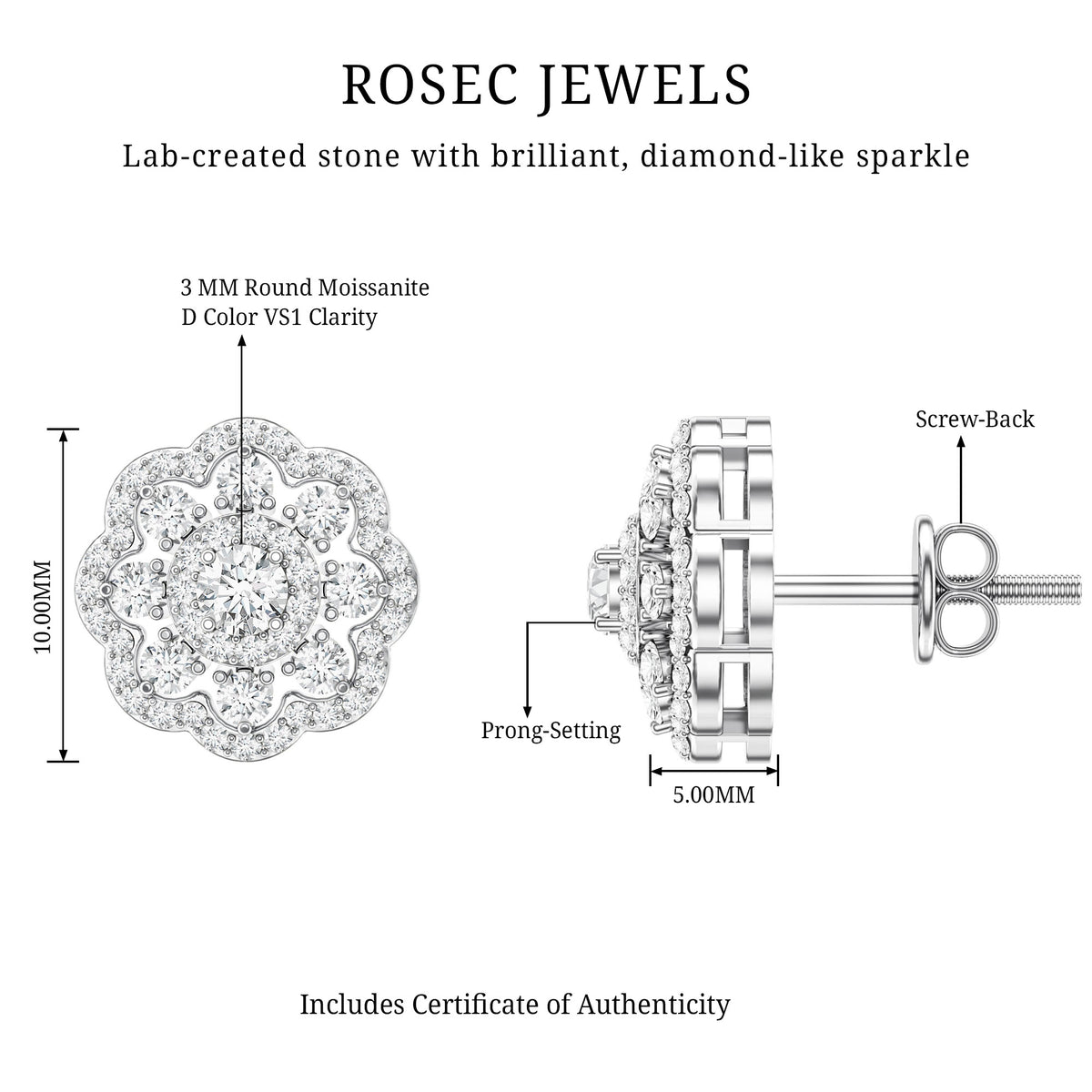 Certified Moissanite Big Flower Stud Earrings D-VS1 - Rosec Jewels