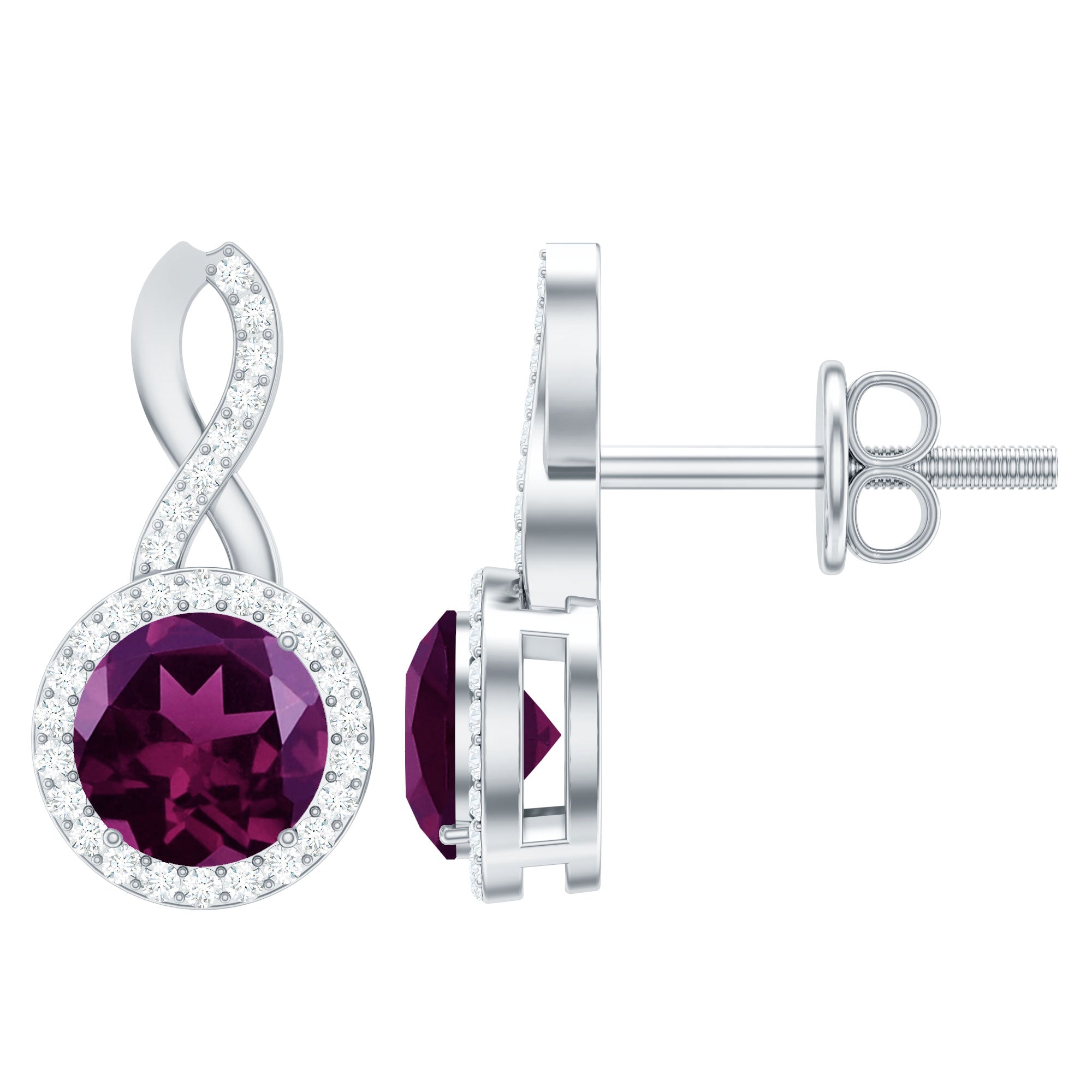 1.50 CT Minimal Rhodolite and Diamond Infinity Stud Earrings