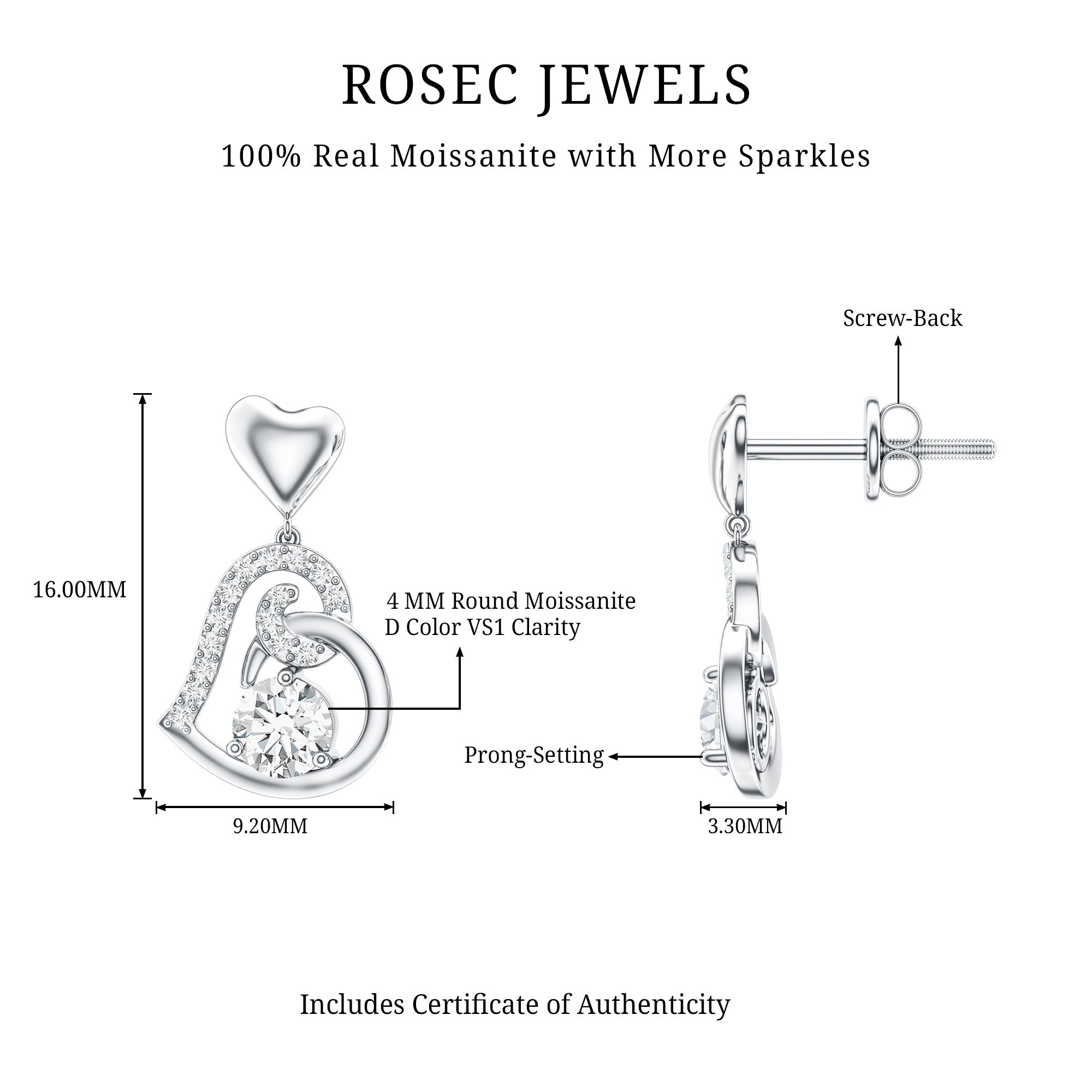 0.6 Carat Moissanite Heart Drop Earrings for Women D-VS1 - Rosec Jewels