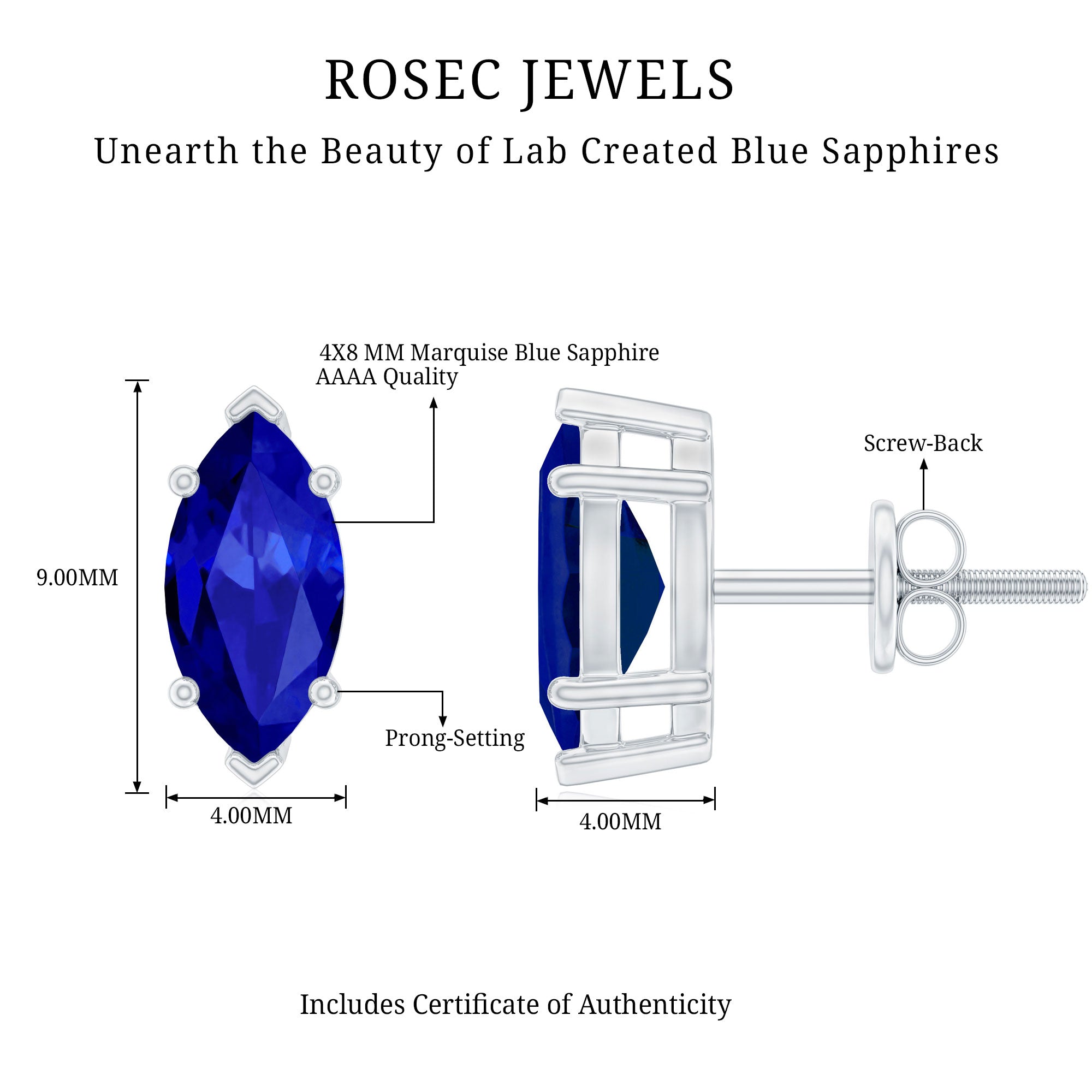 1.5 Carat Marquise Lab Created Blue Sapphire Stud Earrings AAAA - Rosec Jewels