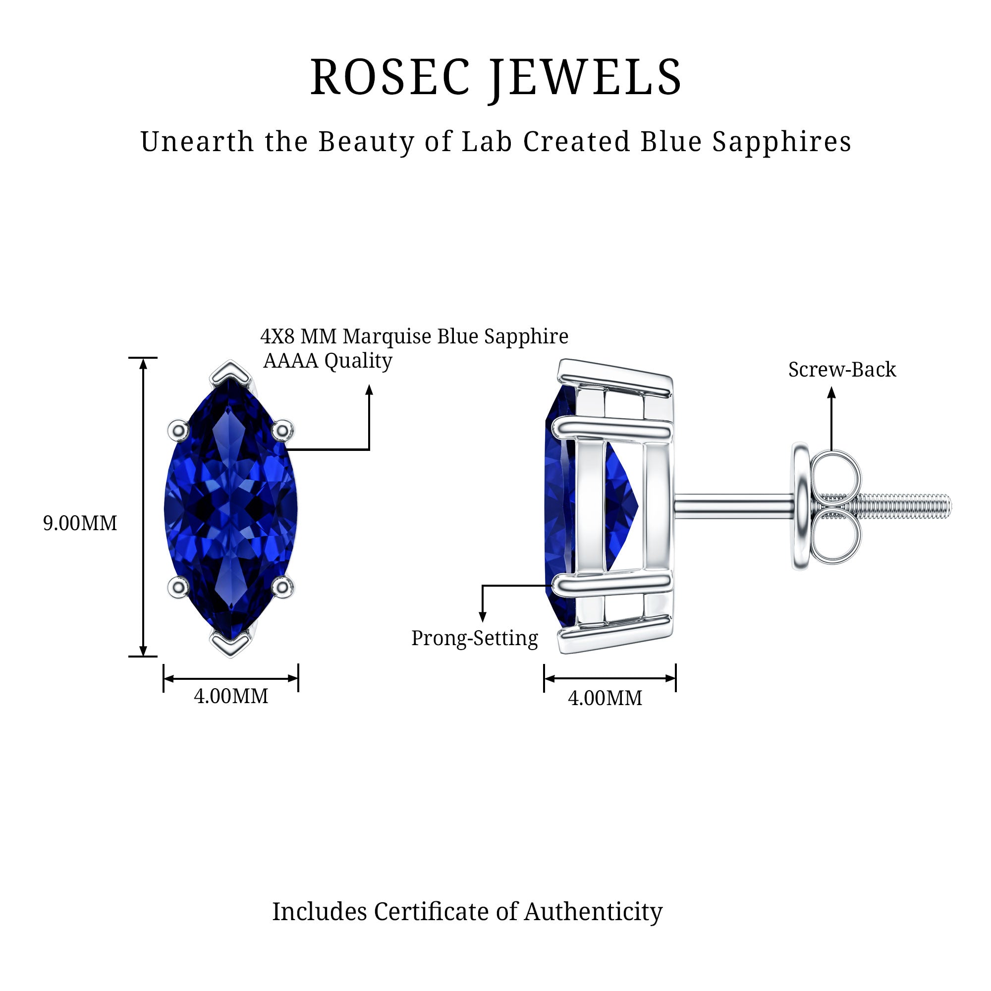 1.5 Carat Marquise Lab Created Blue Sapphire Stud Earrings AAAA - Rosec Jewels