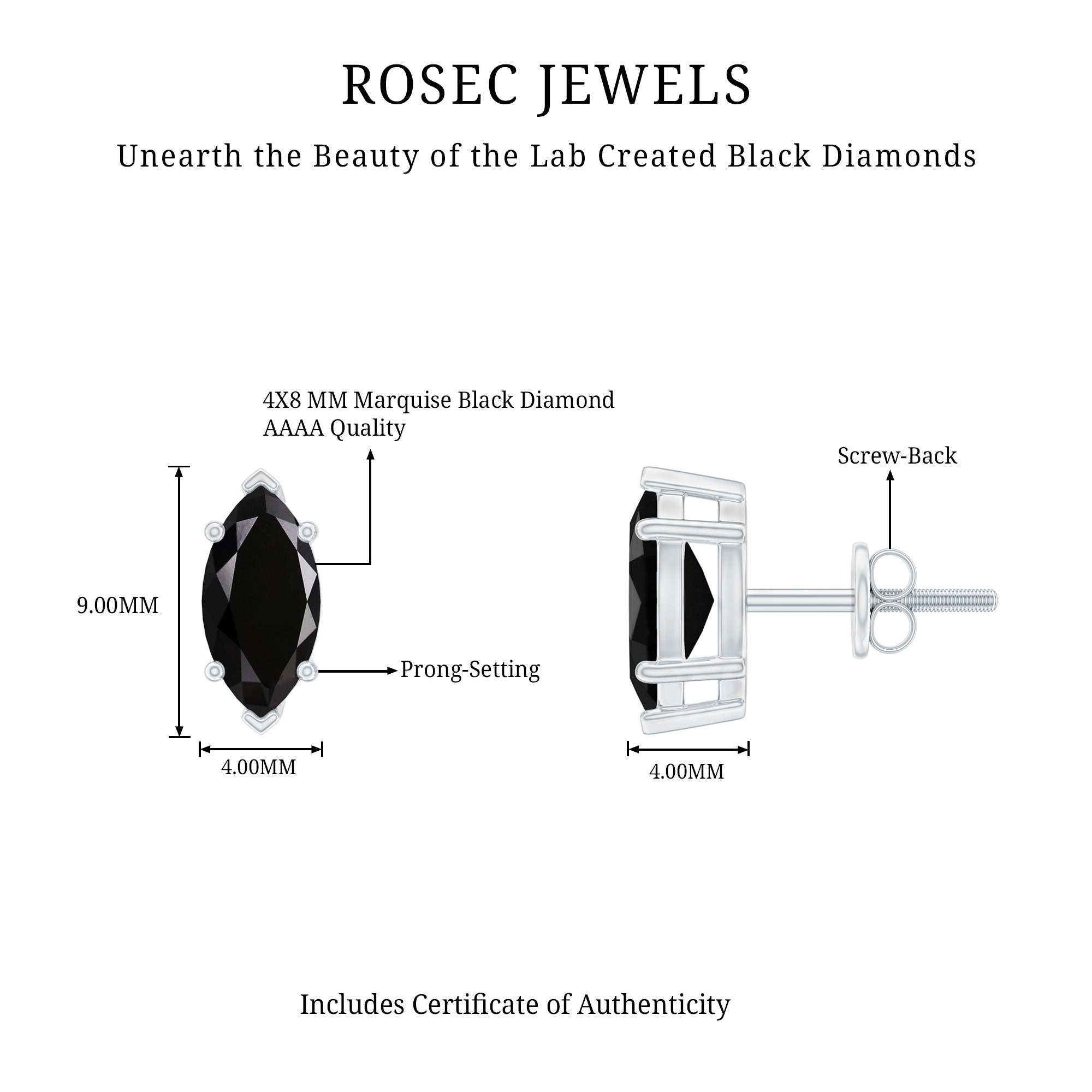 1.68 Carat Marquise Cut Lab Grown Black Diamond Stud Earrings AAAA ( Synthetic ) - Rosec Jewels