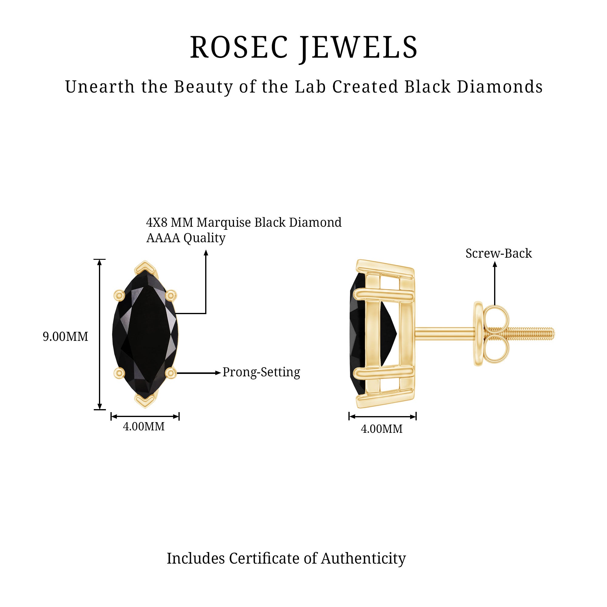 1.68 Carat Marquise Cut Lab Grown Black Diamond Stud Earrings AAAA ( Synthetic ) - Rosec Jewels