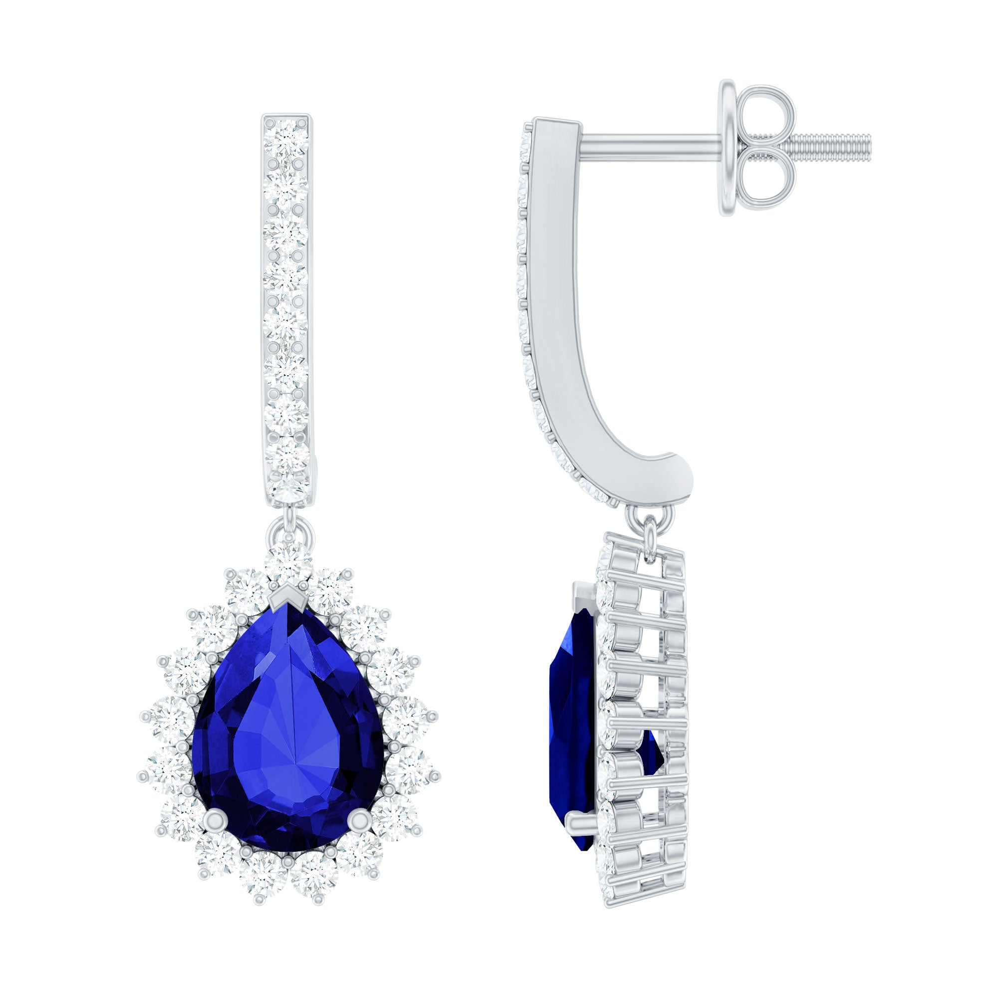 Pear Shaped Lab Grown Blue Sapphire and Diamond Hoop Drop Earrings