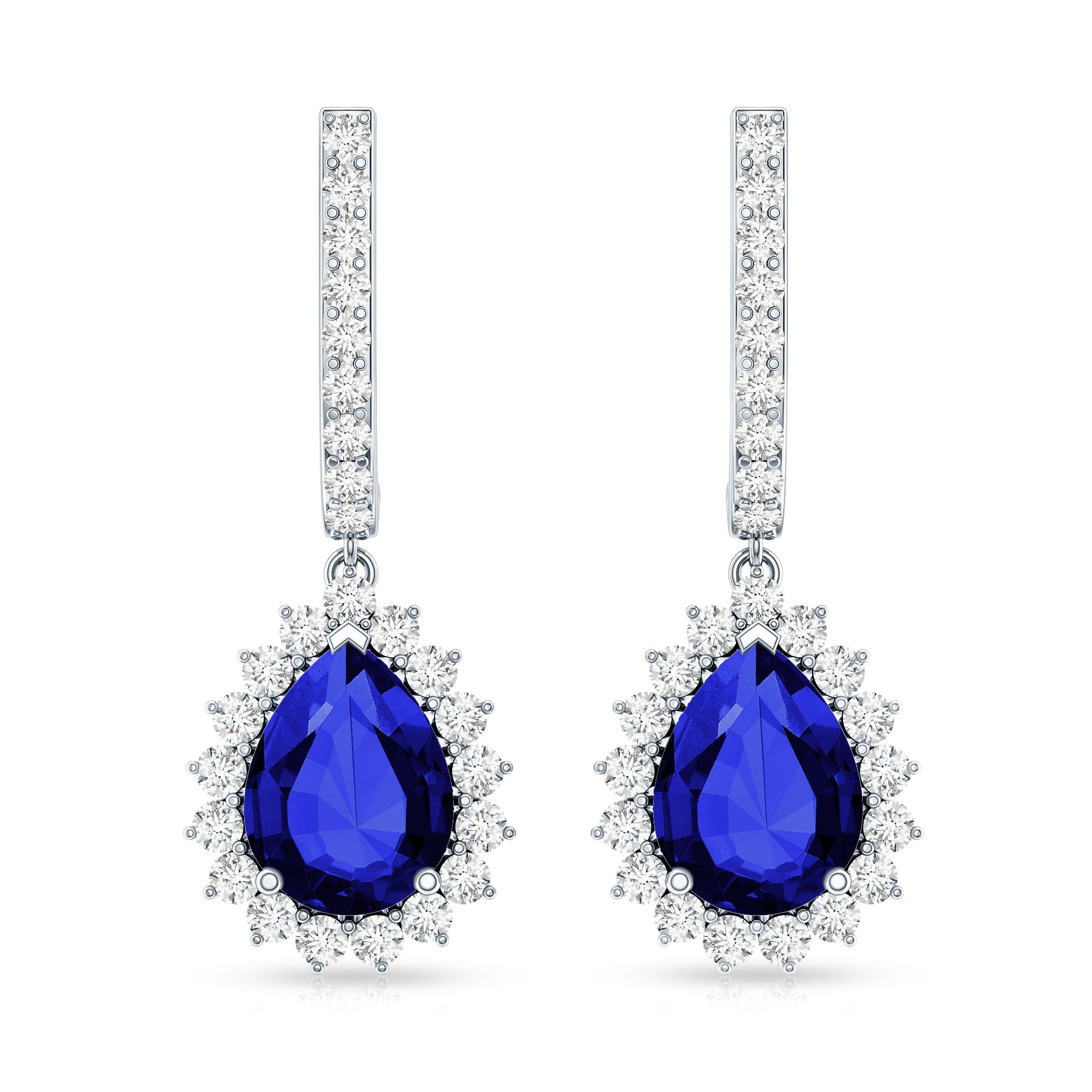 Pear Shaped Lab Grown Blue Sapphire and Diamond Hoop Drop Earrings AAAA - Rosec Jewels