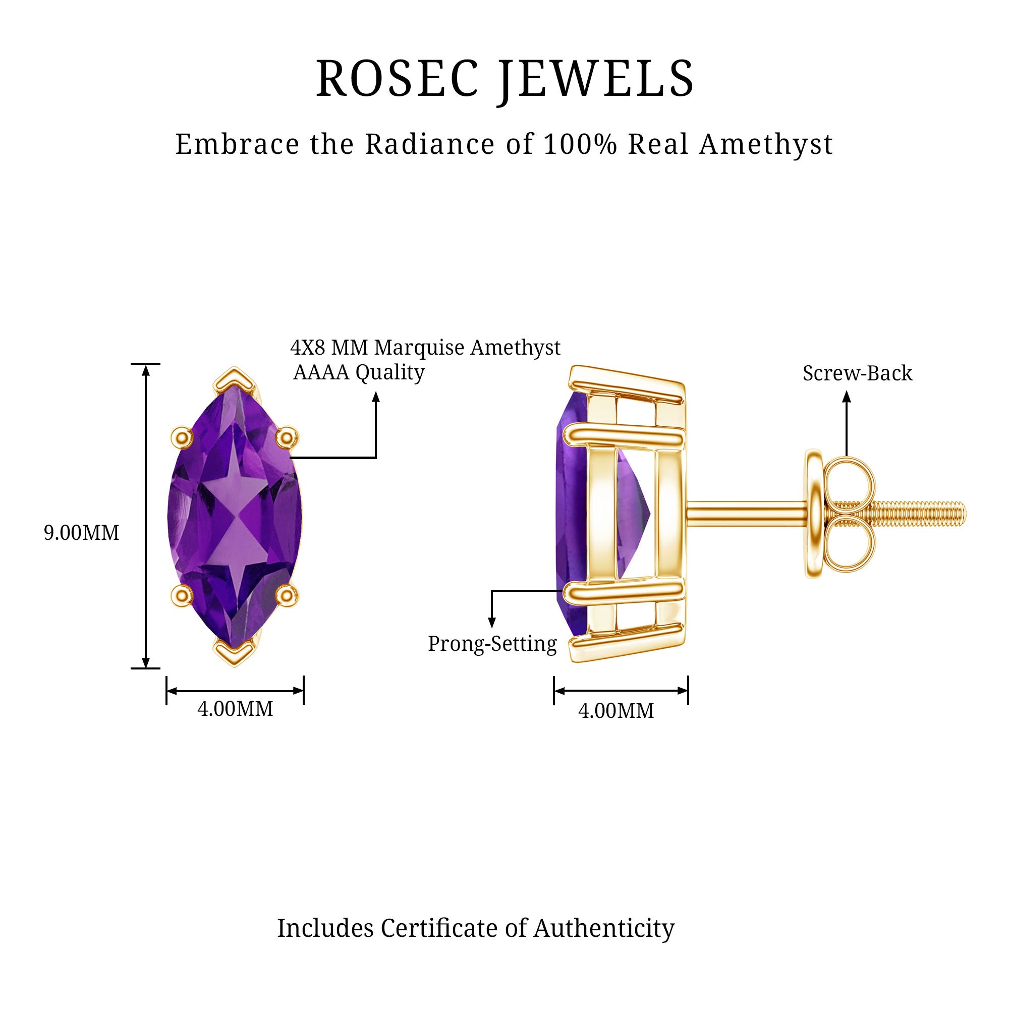 1.48 Carat Marquise Cut Amethyst Solitaire Stud Earrings AAA - Rosec Jewels