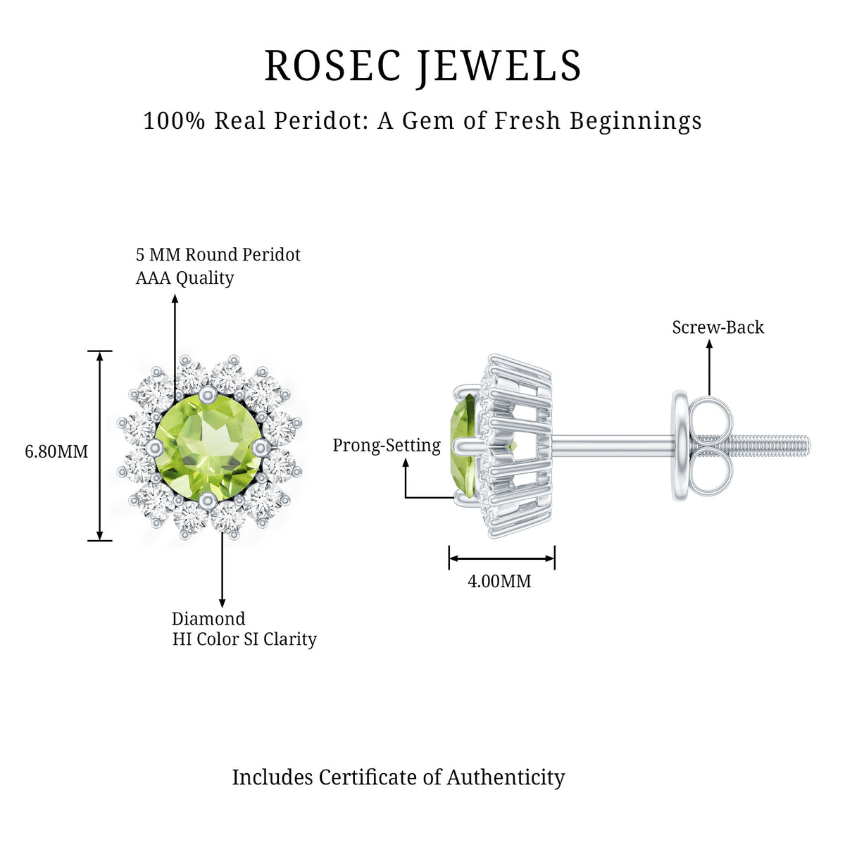 Natural 1 Carat Peridot Stud Earrings with Diamond Halo AAA - Rosec Jewels