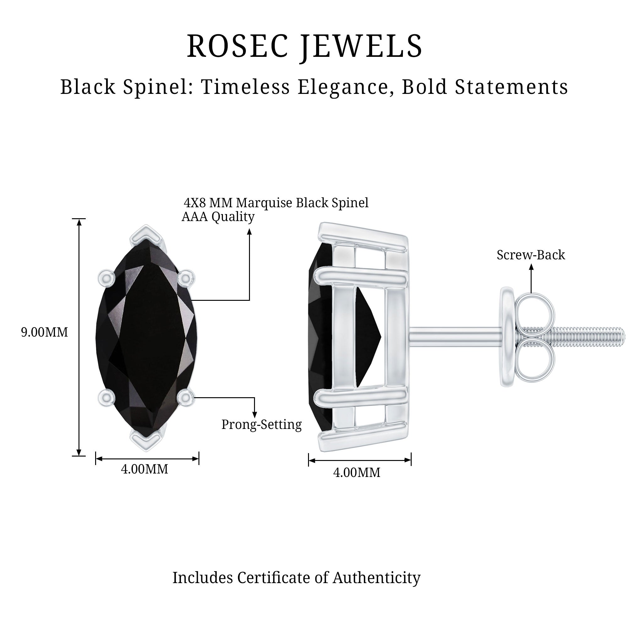 1.5 CT Marquise Black Spinel Solitaire Stud Earrings AAA - Rosec Jewels