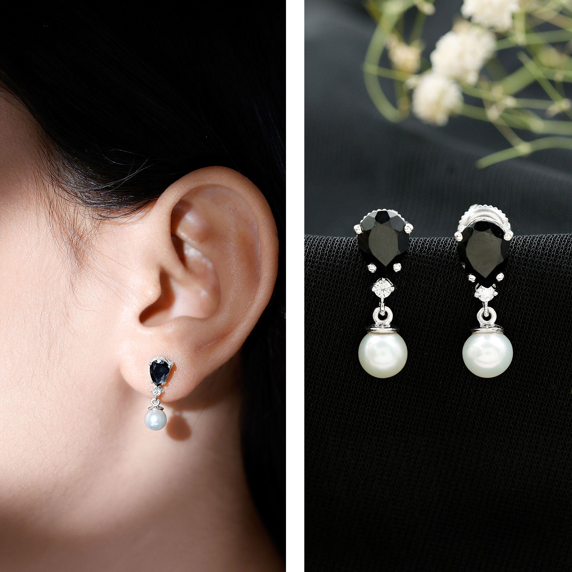 5.75 CT Freshwater Pearl Drop Earrings with Black Onyx and Moissanite AAA - Rosec Jewels