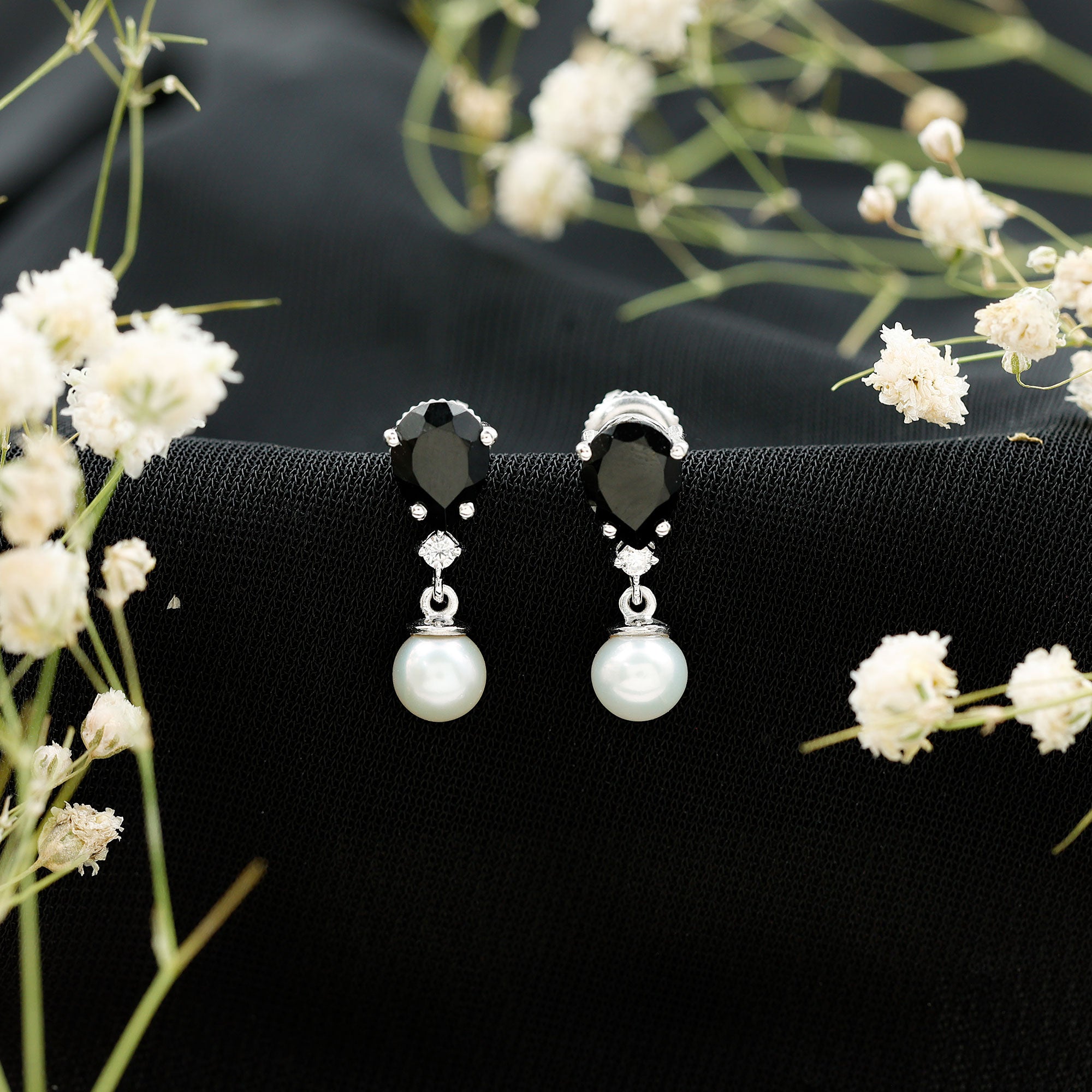 5.75 CT Freshwater Pearl Drop Earrings with Black Onyx and Moissanite AAA - Rosec Jewels