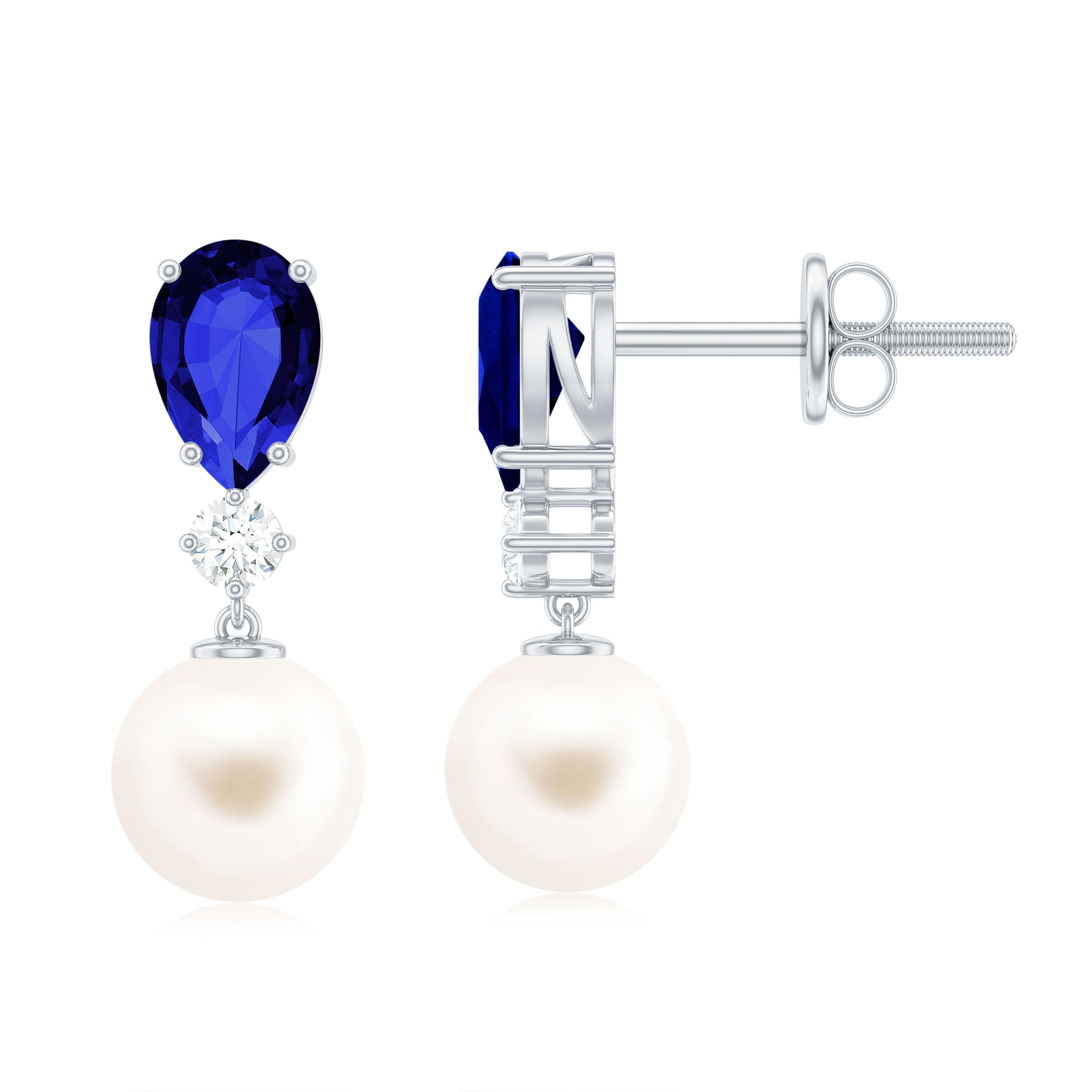 Boucles d'oreilles pendantes en saphir bleu et moissanite 3,75 ct avec goutte de perle d'eau douce