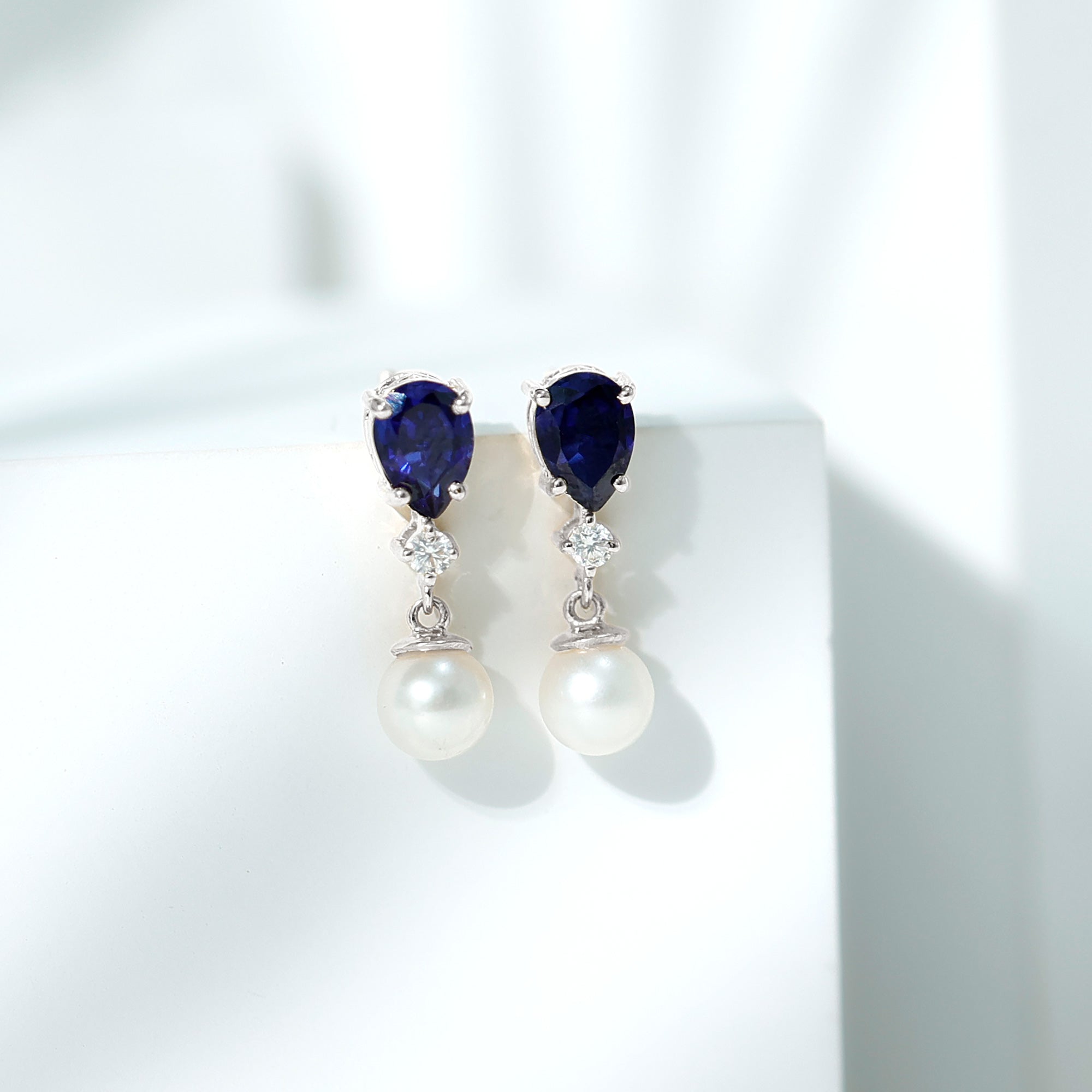 Natural Freshwater Pearl Drop Dangle Earrings with Blue Sapphire AAA - Rosec Jewels