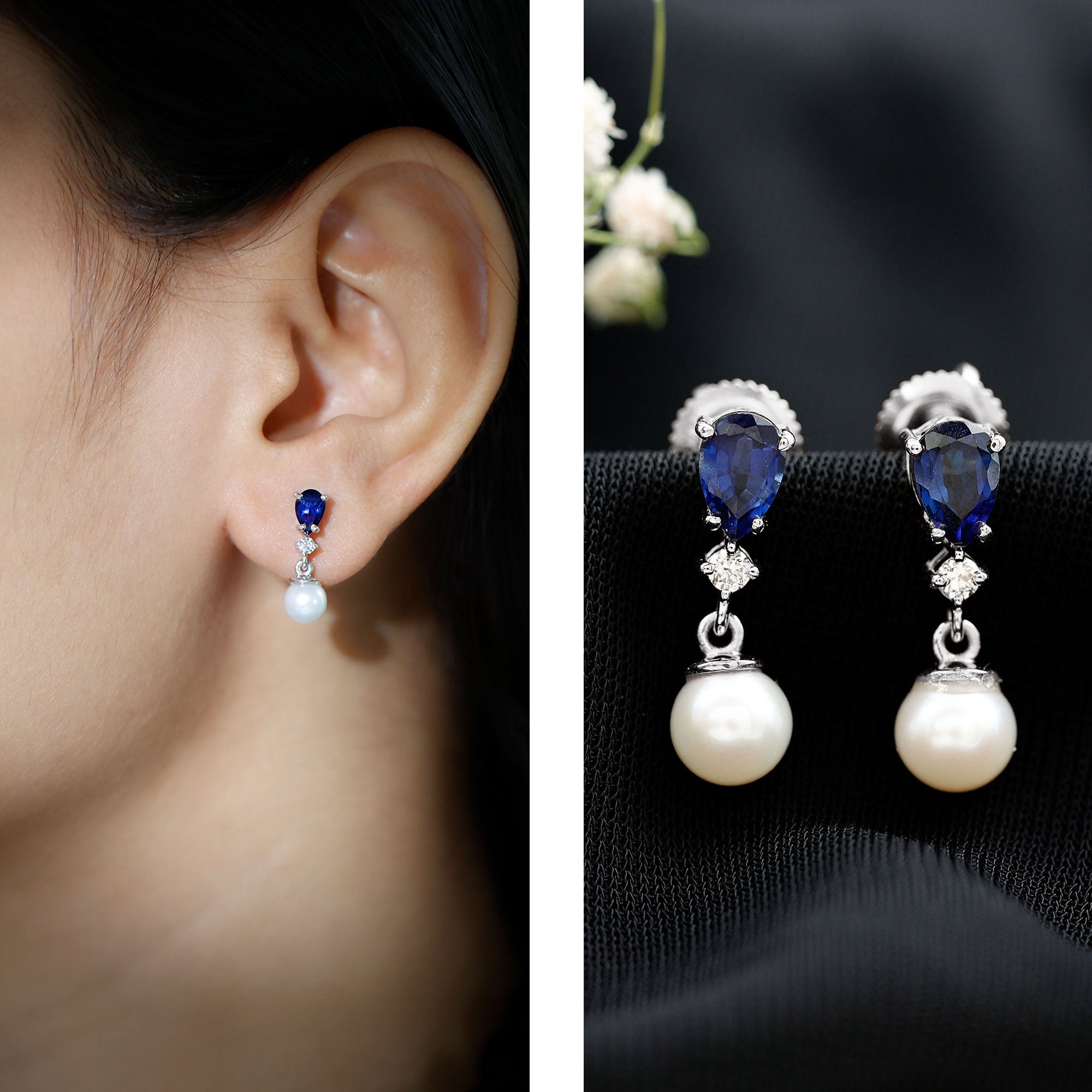 Natural 4 Carat Freshwater Pearl Drop Dangle Earrings with Lab Blue Sapphire AAA - Rosec Jewels