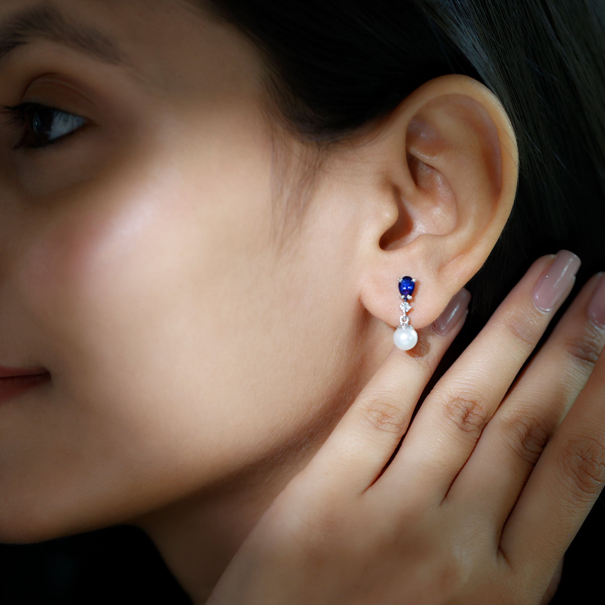 Natural Freshwater Pearl Drop Dangle Earrings with Blue Sapphire AAA - Rosec Jewels