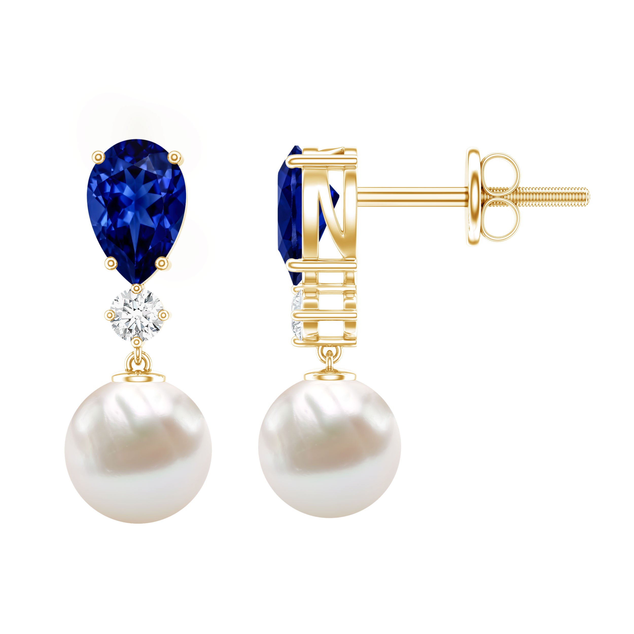 Natural Freshwater Pearl Drop Dangle Earrings with Blue Sapphire AAA - Rosec Jewels