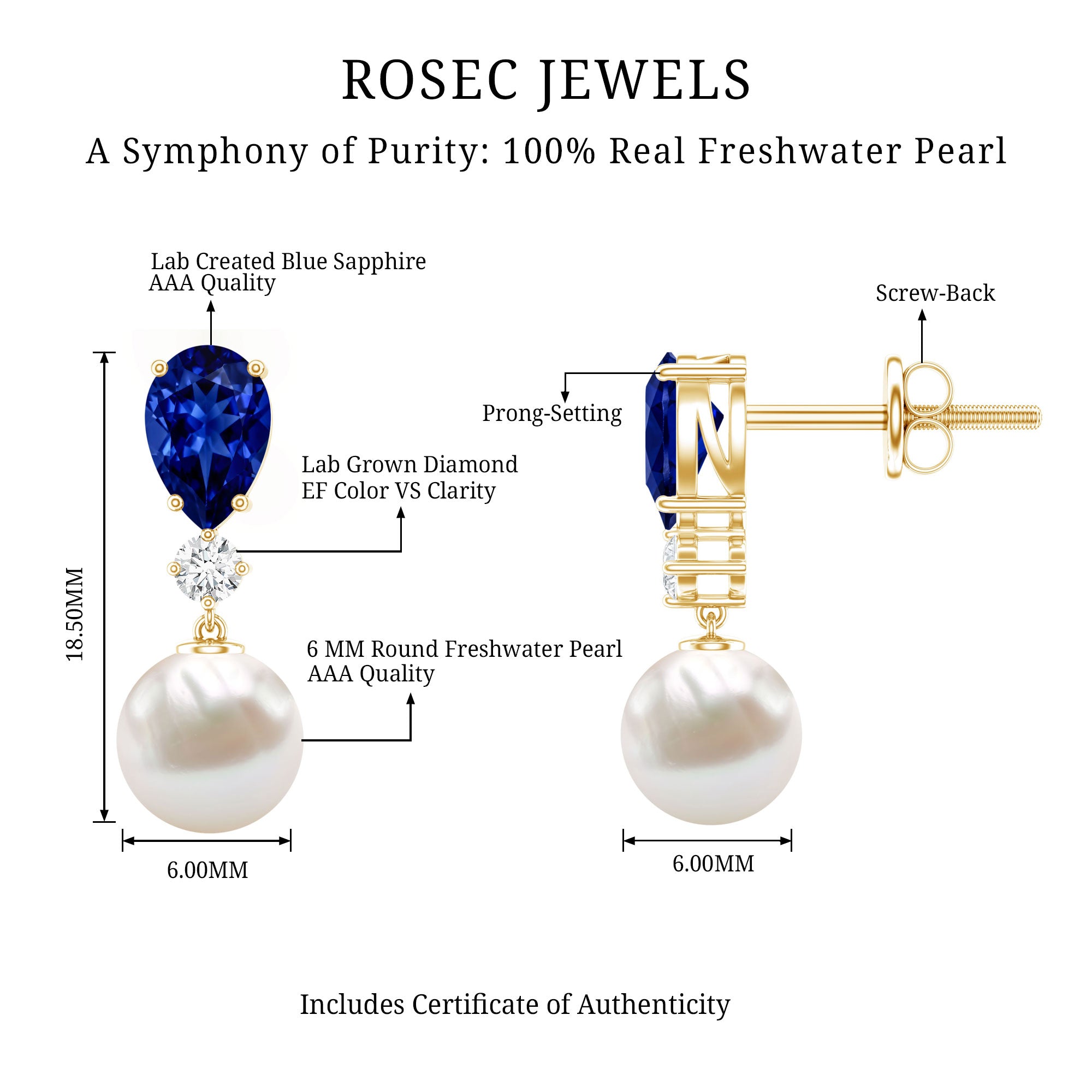 Natural Freshwater Pearl Drop Dangle Earrings with Blue Sapphire AAA - Rosec Jewels