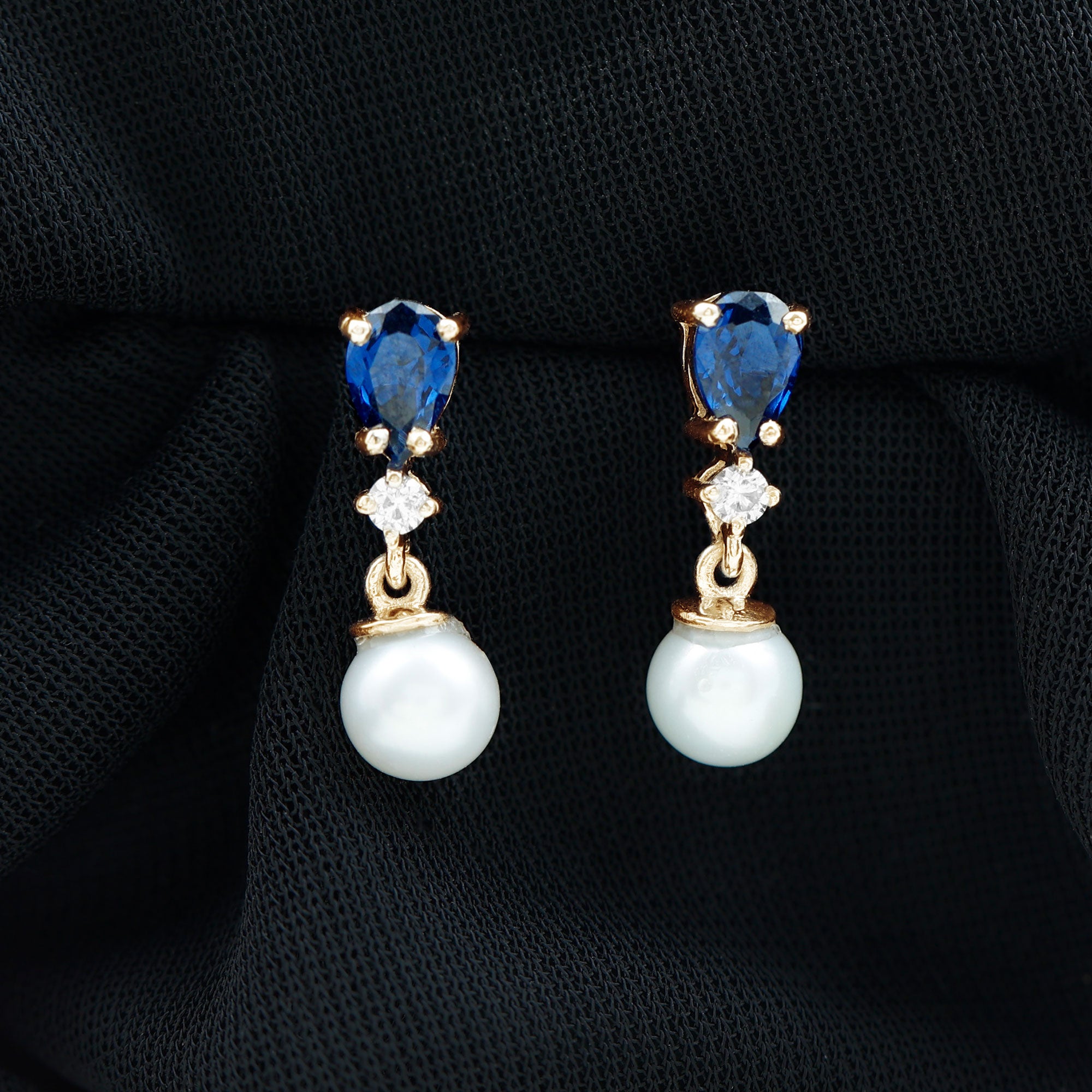 Natural 4 Carat Freshwater Pearl Drop Dangle Earrings with Lab Blue Sapphire AAA - Rosec Jewels