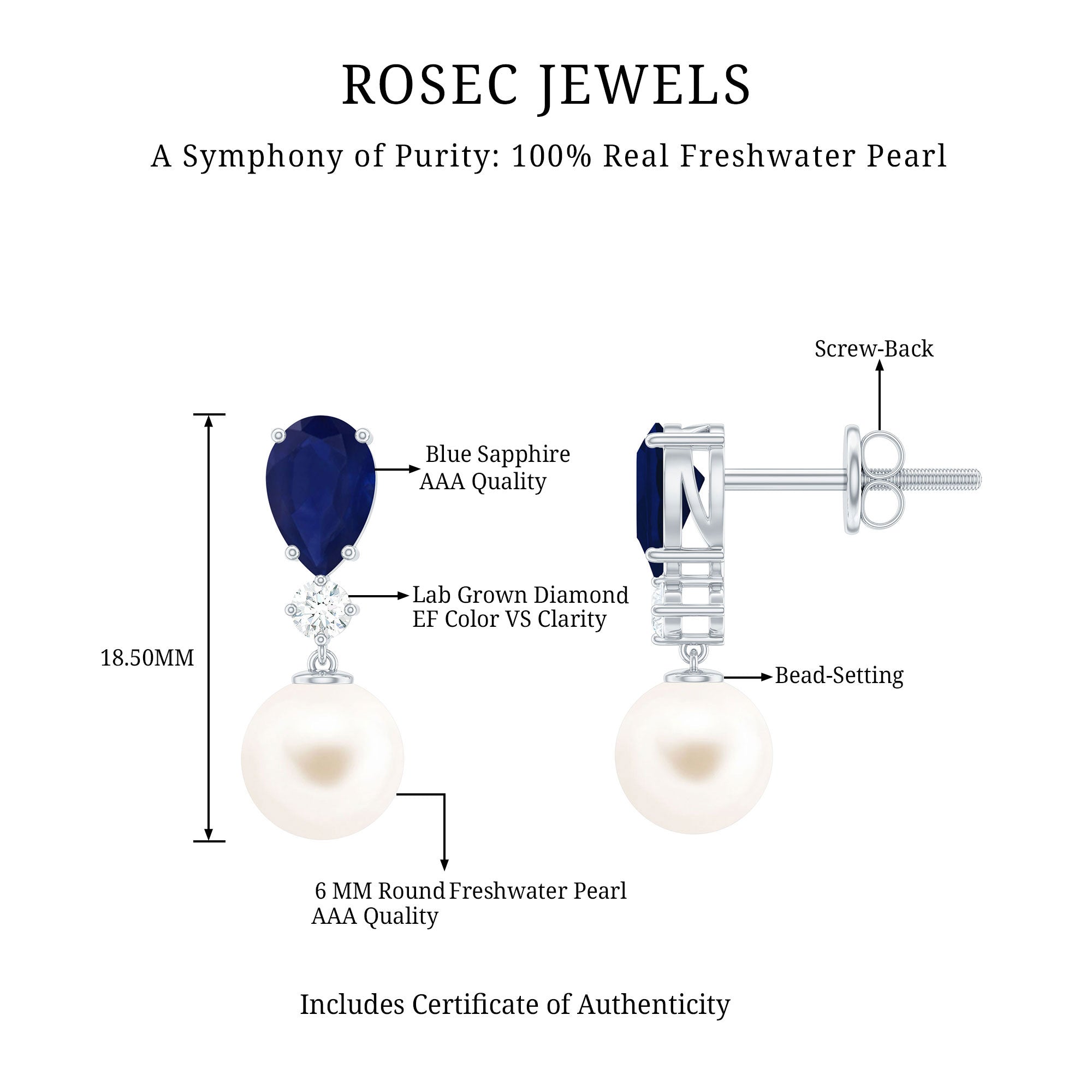 Cultured Freshwater Pearl Drop Earrings with Blue Sapphire AAA - Rosec Jewels