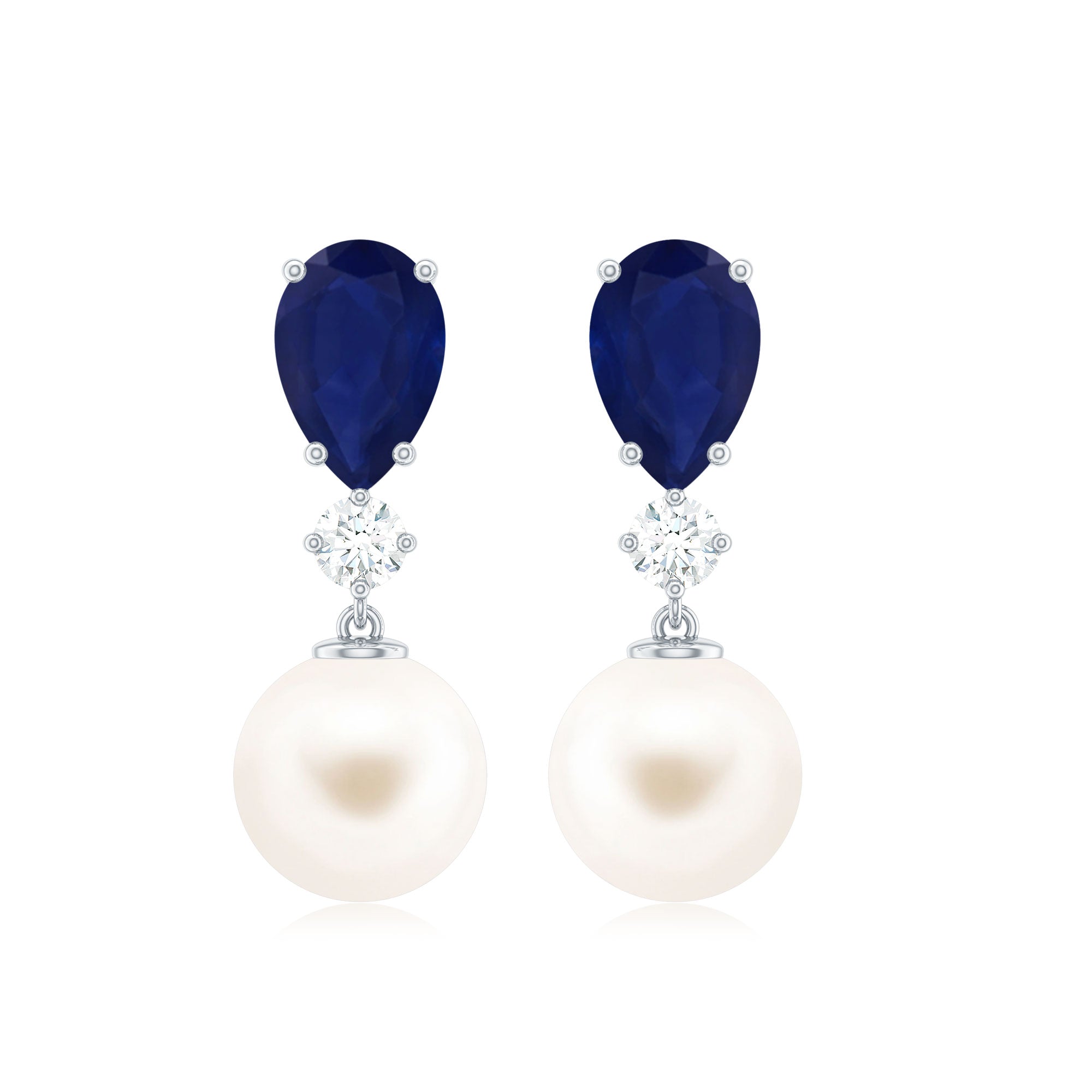 Cultured Freshwater Pearl Drop Earrings with Blue Sapphire AAA - Rosec Jewels