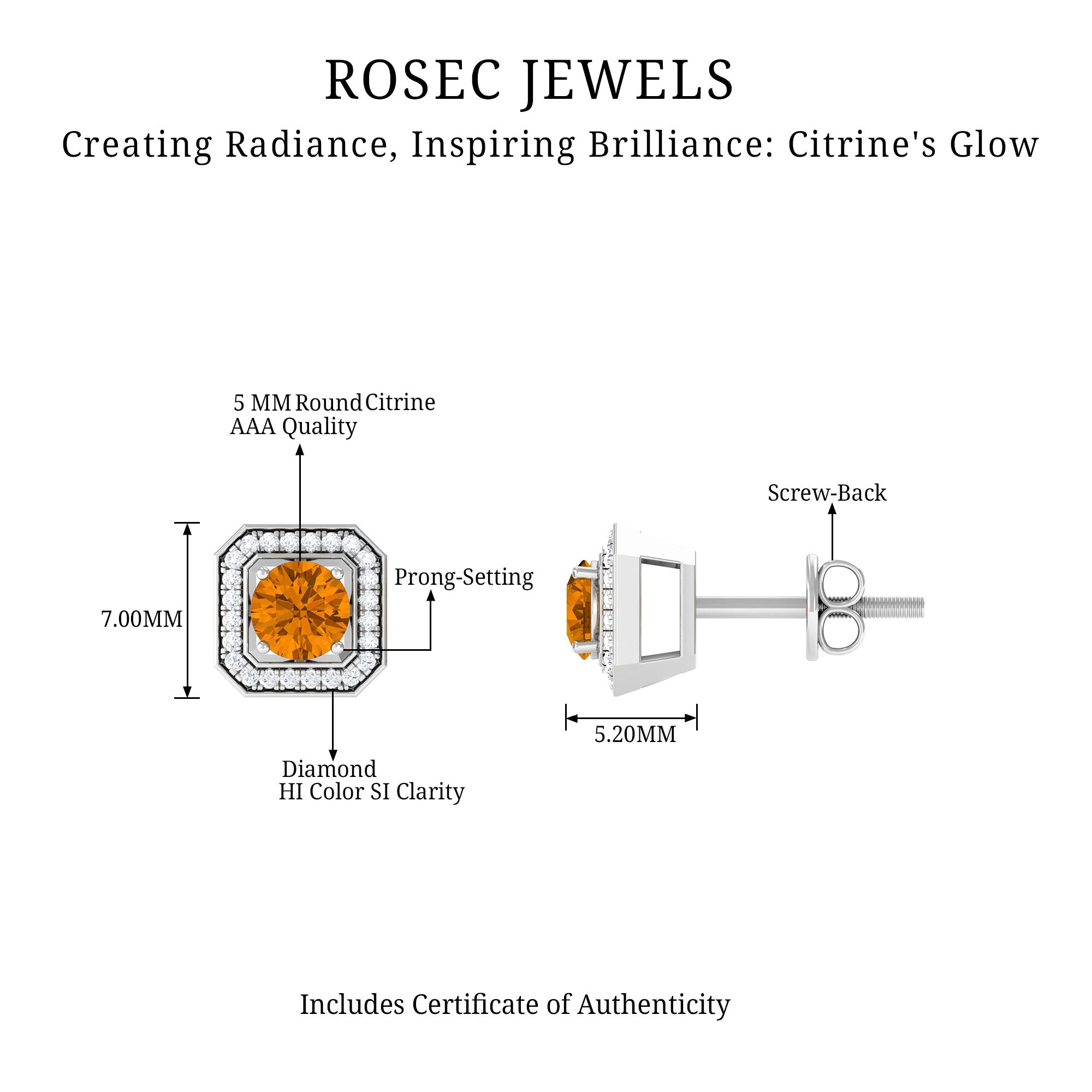 Vintage Inspired 1 Carat Citrine and Diamond Halo Stud Earrings AAA - Rosec Jewels
