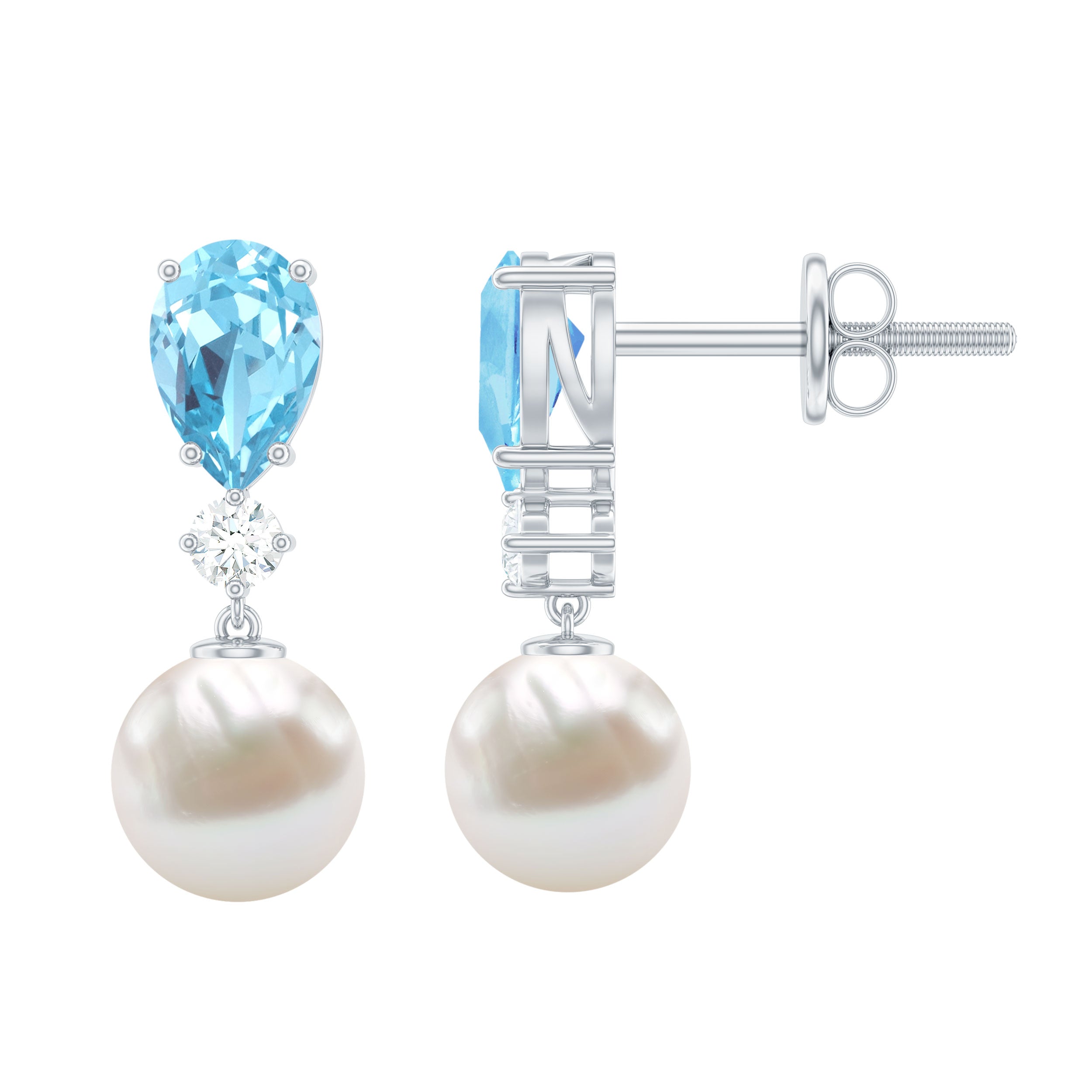 Boucles d'oreilles pendantes en aigue-marine et moissanite 5,25 ct avec goutte de perle d'eau douce