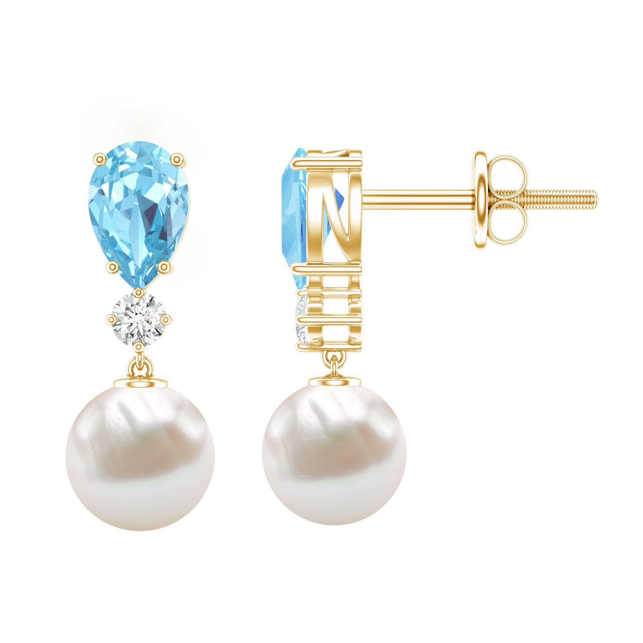 Handpicked Pearl Drop Earrings with Aquamarine and Moissanite AAA - Rosec Jewels